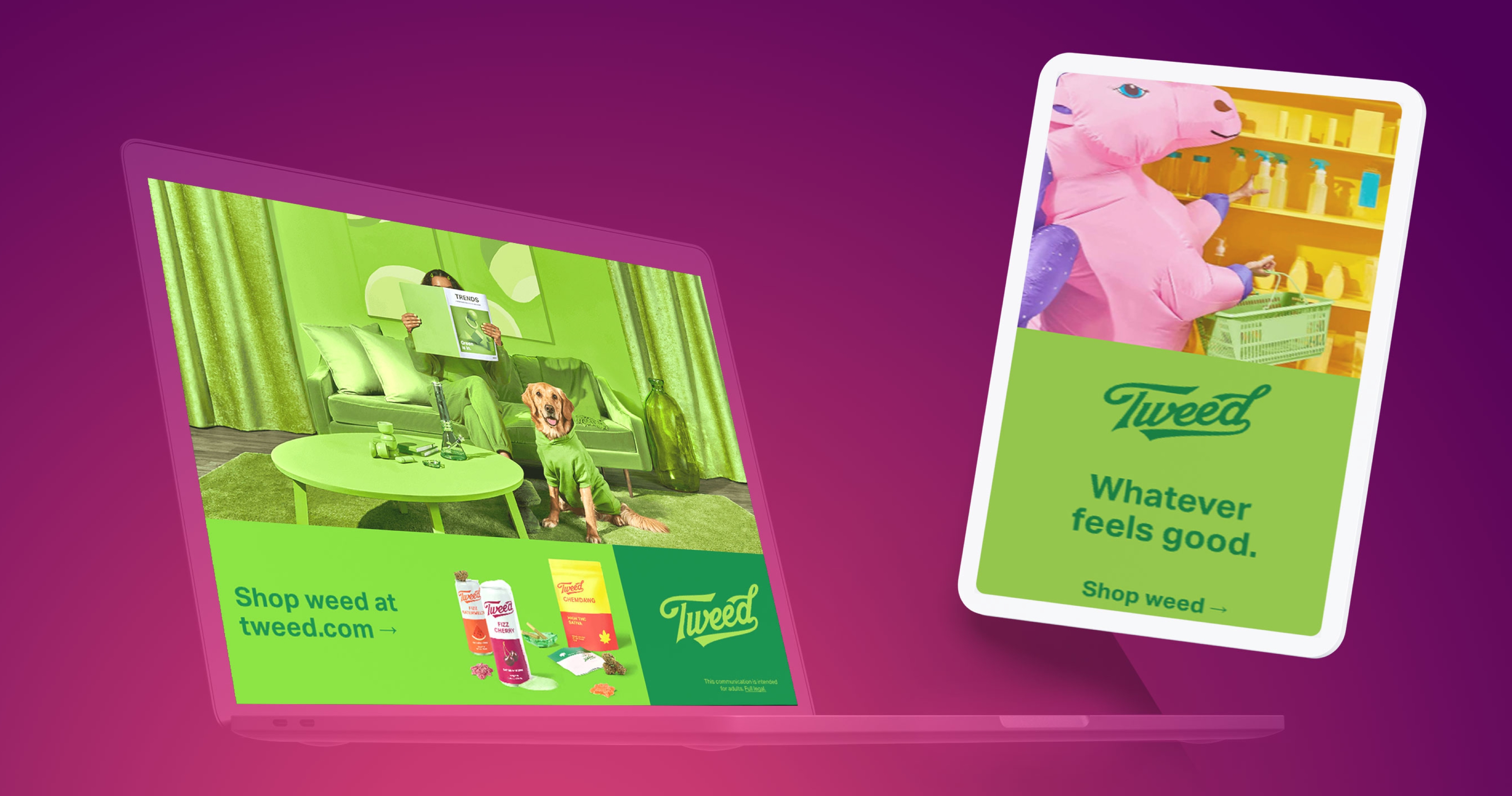 Tweed cannabis digital ad showing inflatable unicorn costume and bold green branding for shop.tweed.com
