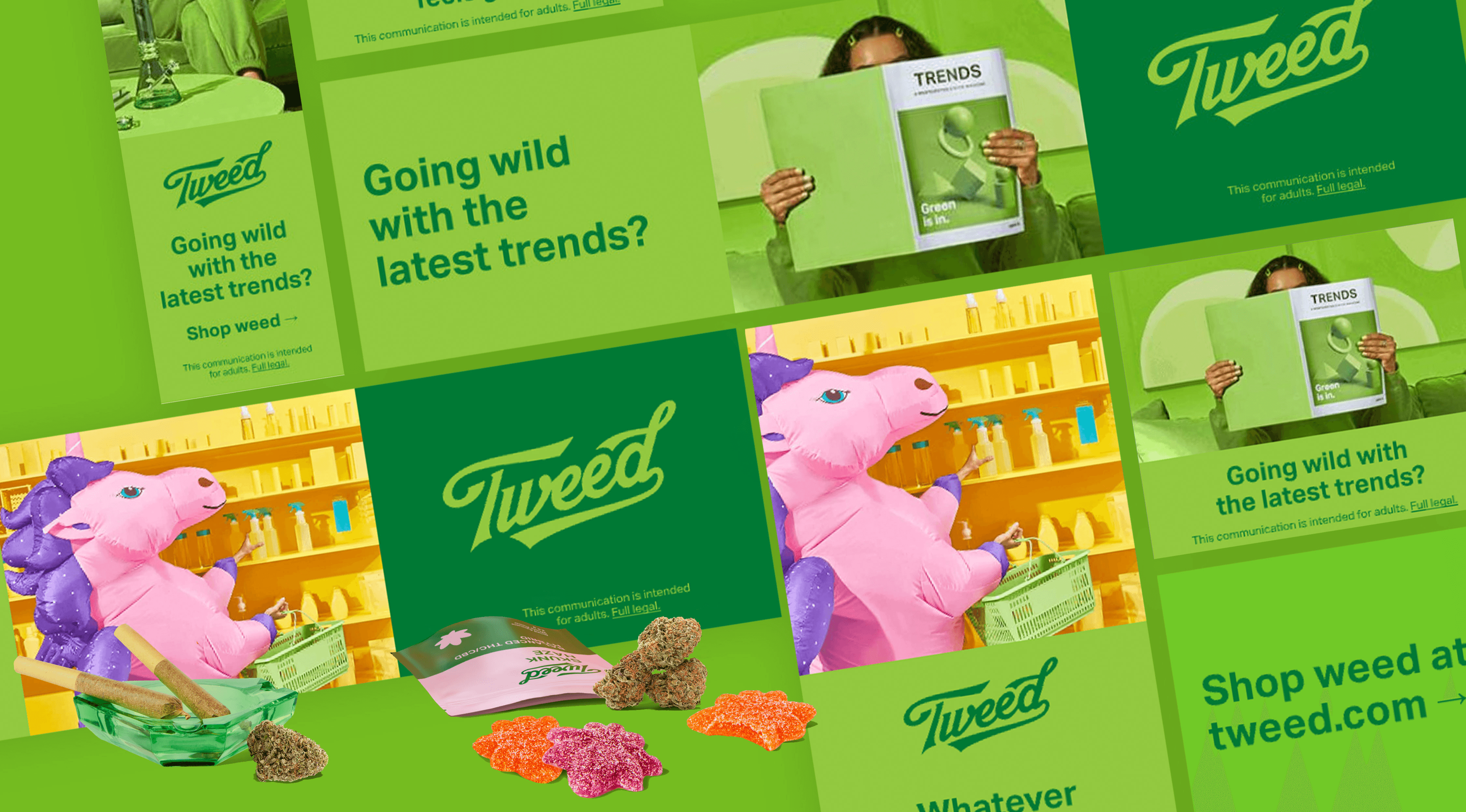 Series of animated HTML5 Tweed banners with green trend magazine props, unicorn visuals, and strict compliance tags