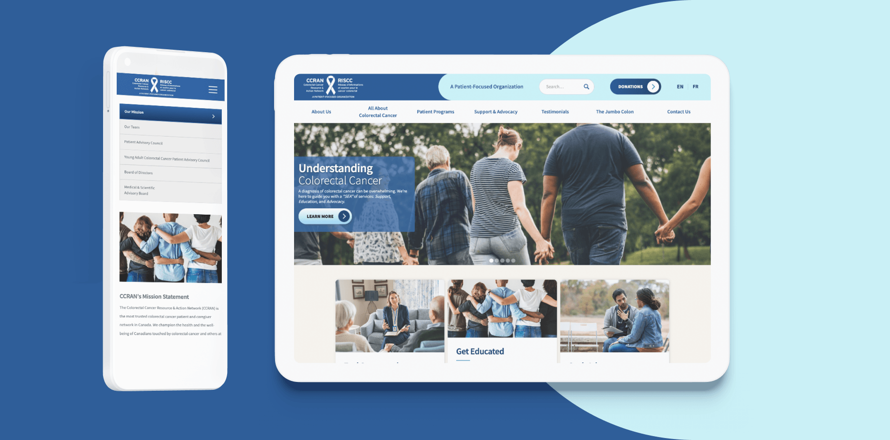 CCRAN homepage displayed on desktop and mobile screens featuring navigation to colorectal cancer education, support, and patient programs