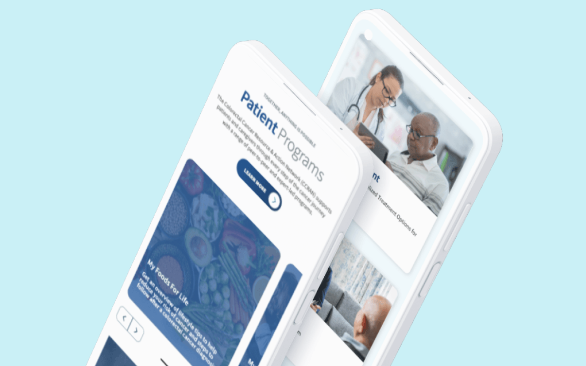 Mobile view showing CCRAN Patient Programs section with navigation cards and healthcare-themed imagery