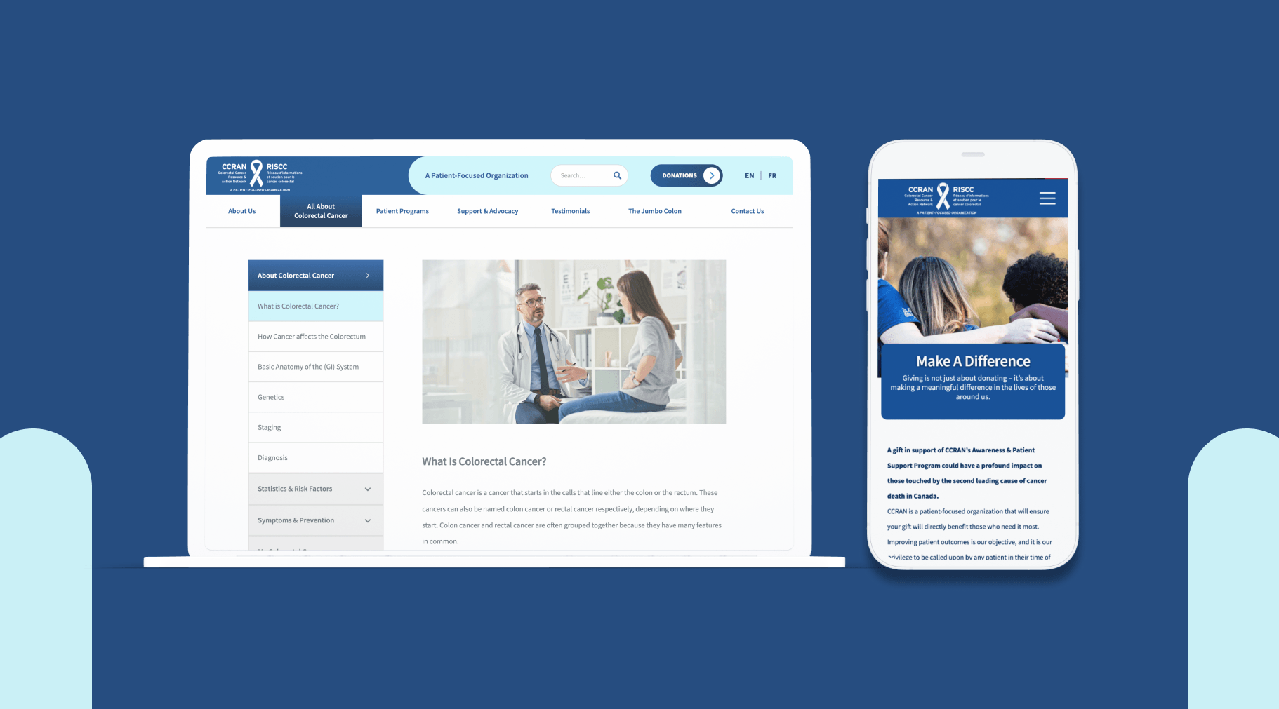 CCRAN digital content showing articles and videos related to understanding colorectal cancer and patient advocacy