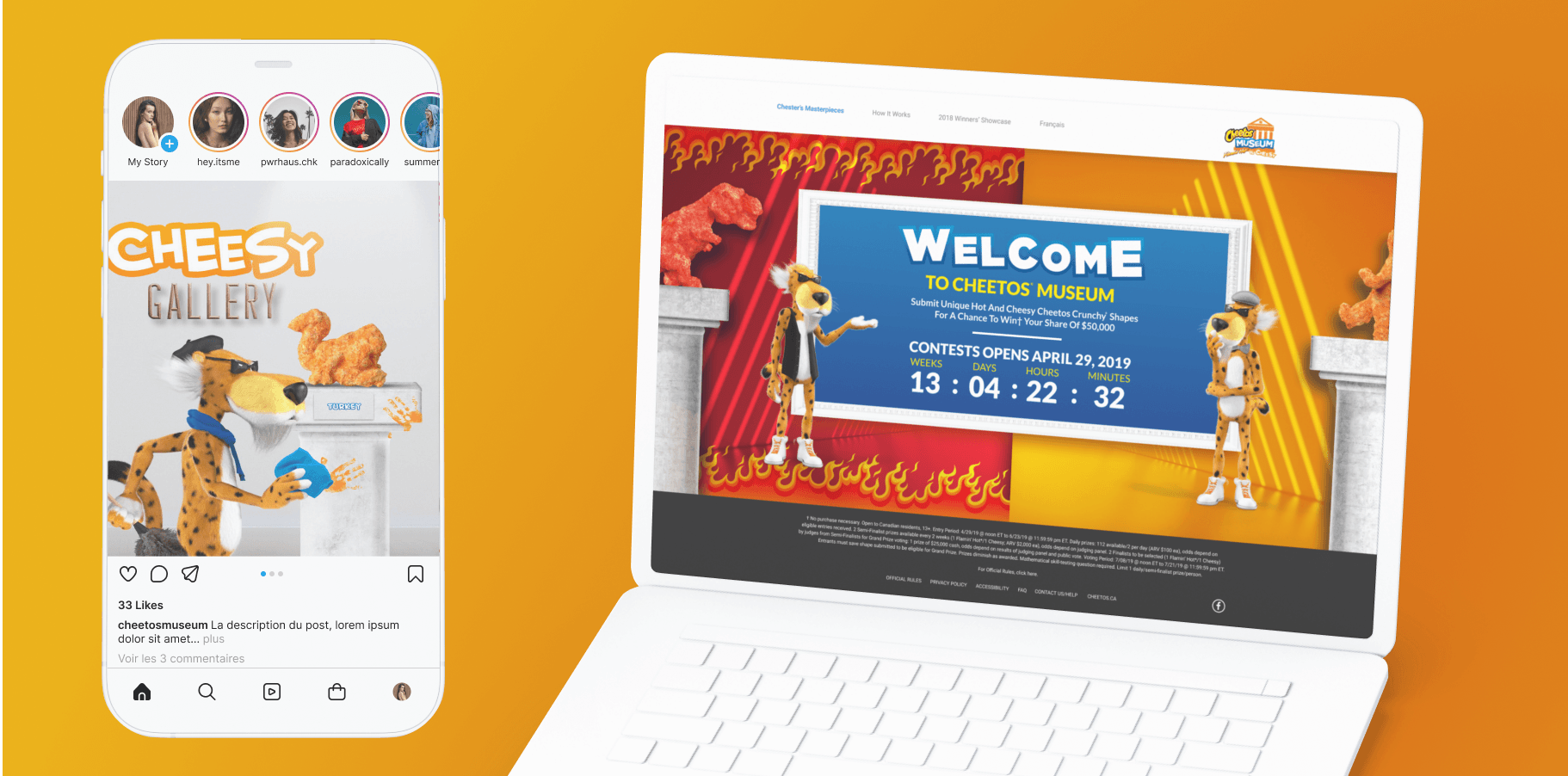 Cheetos Museum homepage with a countdown clock and animated statues of Chester Cheetah flanking a digital welcome sign as well as Instagram post
