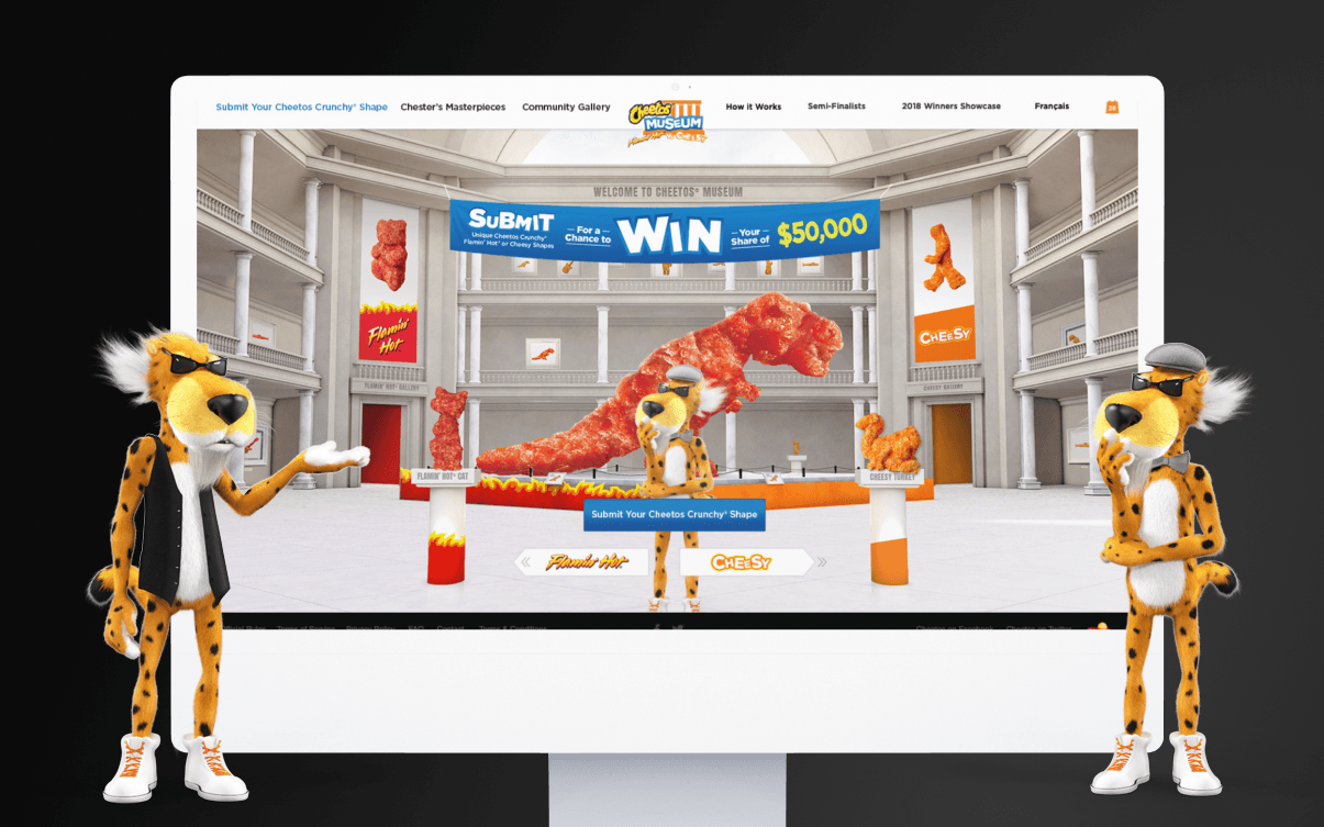 Cheetos Museum digital contest entry platform with 3D Cheetos sculptures, ‘Submit to Win’ banner, and Chester Cheetah avatar characters