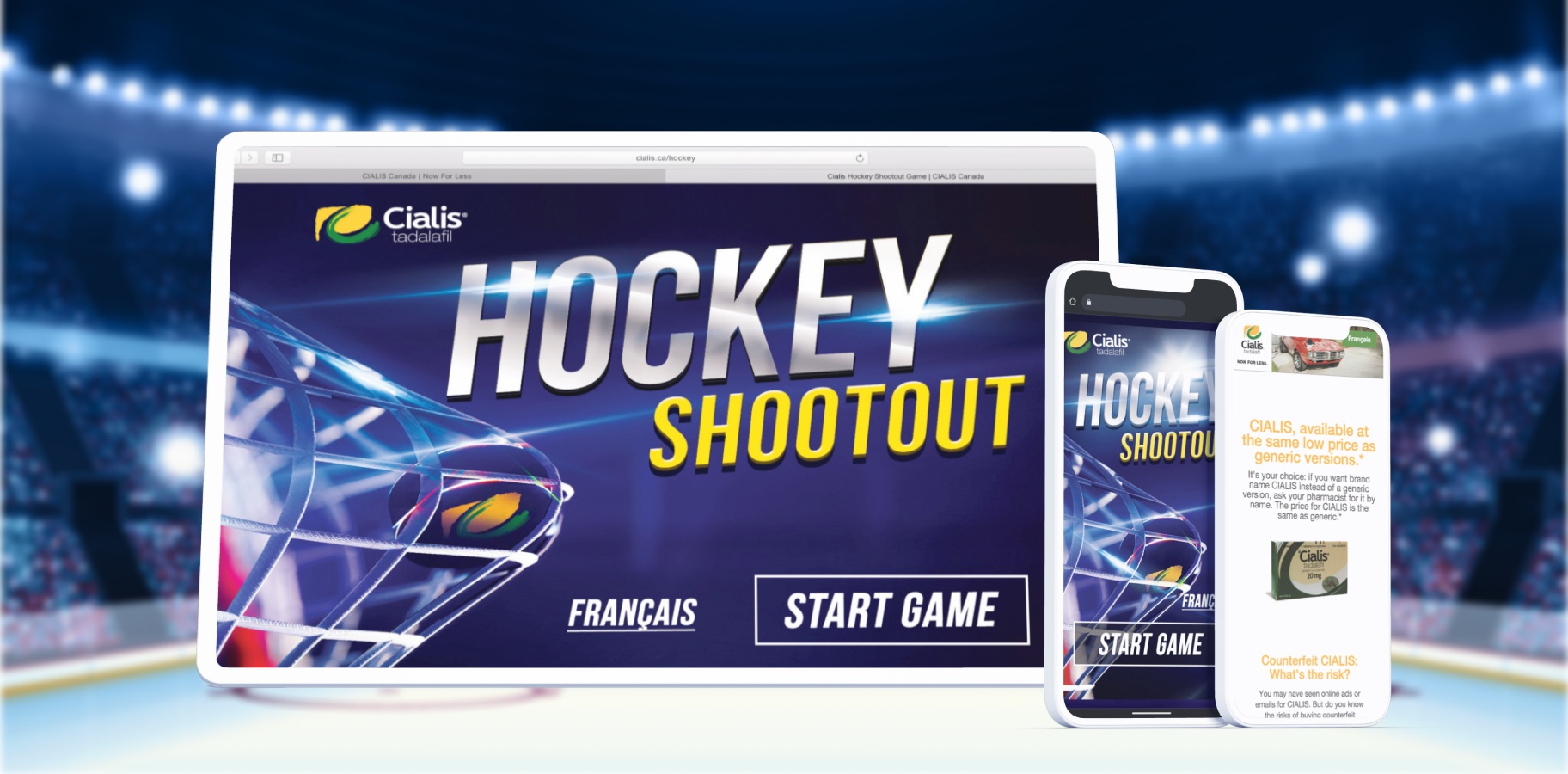 Cialis Hockey Shootout HTML5 game homepage with bilingual start screen and branded Cialis ice rink