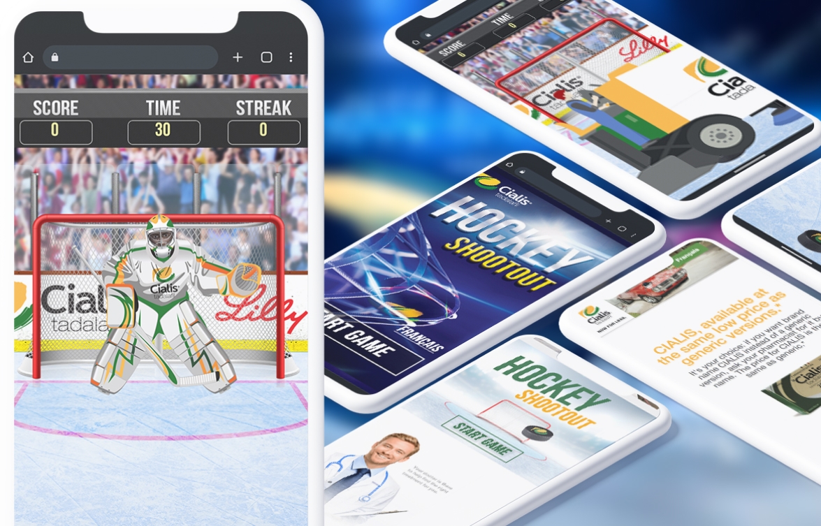 Tablet and mobile views of Cialis-branded hockey game screens, including gameplay, healthcare messaging, and medical professional visuals