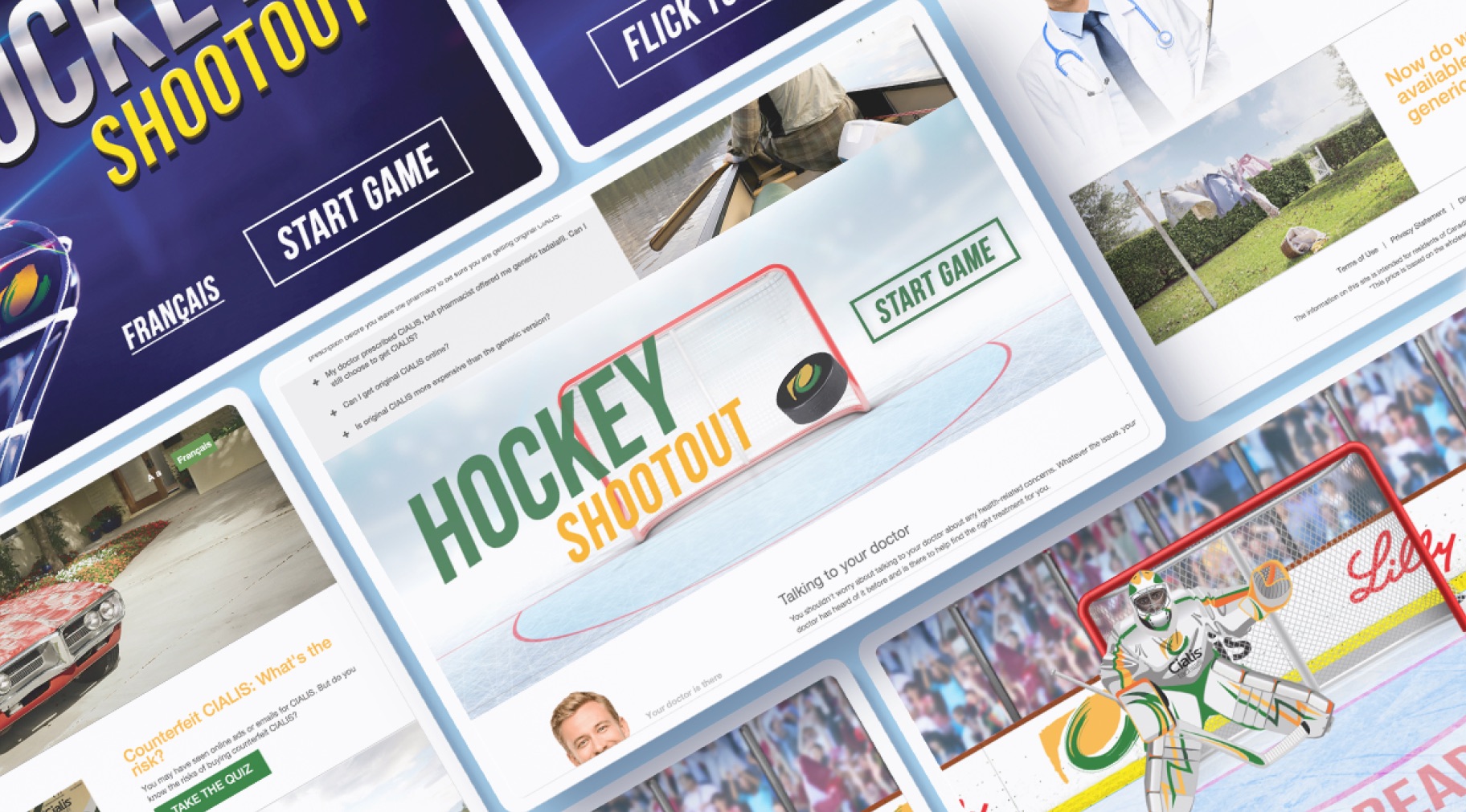 Various game states including results, physician call-to-action, and French language toggle