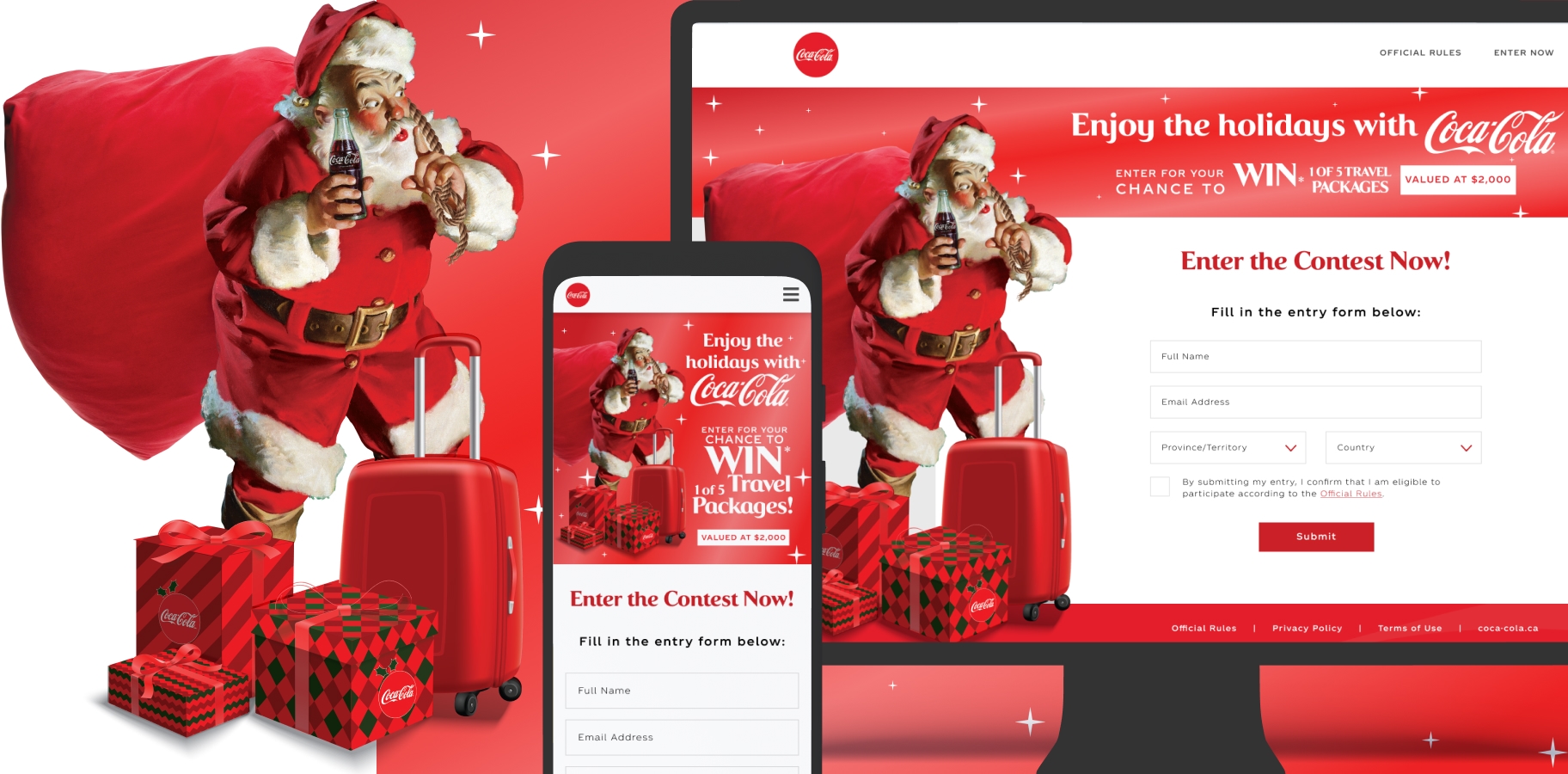 Coca-Cola holiday contest microsite with festive Santa visuals and form to win travel packages