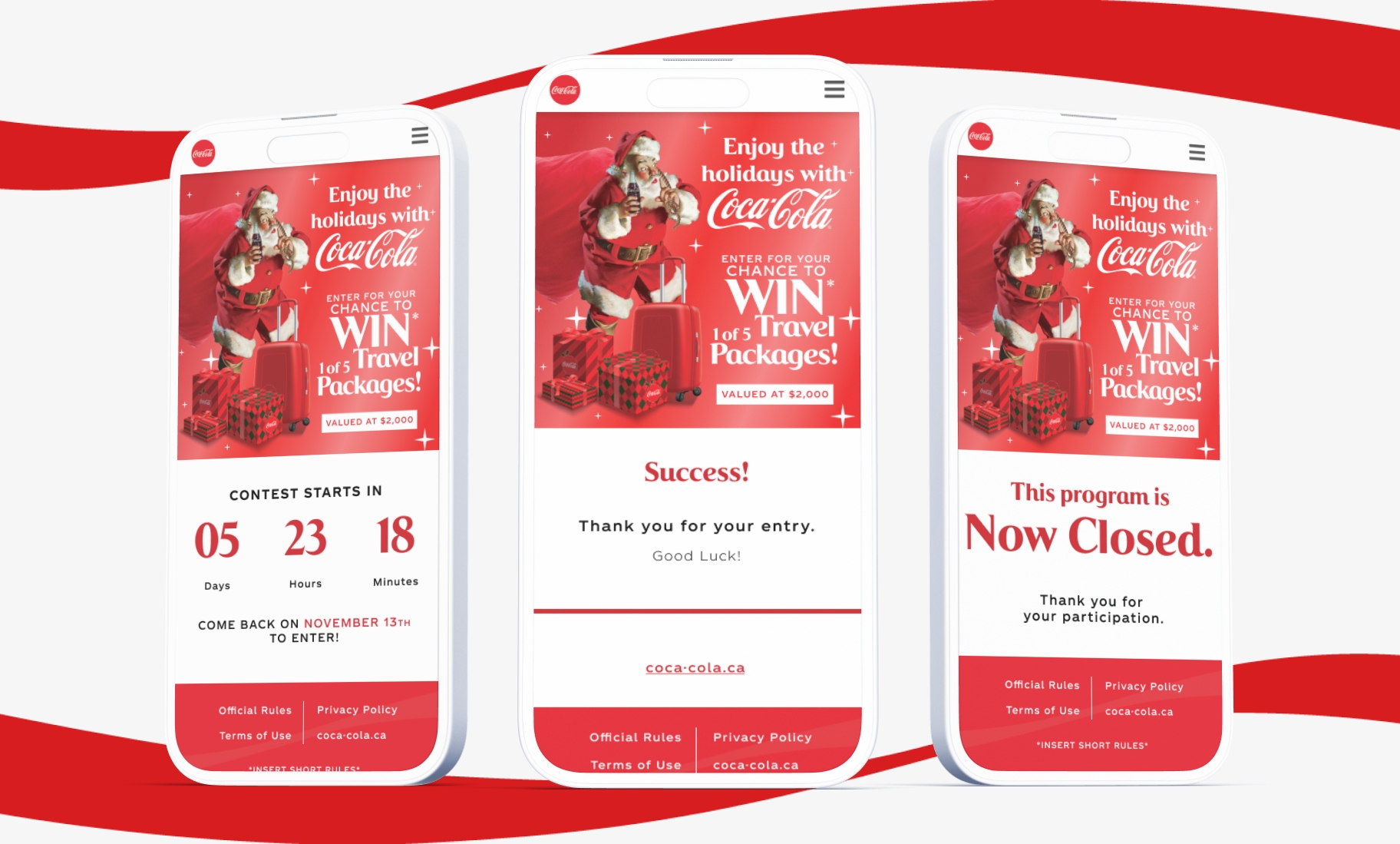 Contest countdown screen with days, hours, and minutes until Coca-Cola holiday contest launch