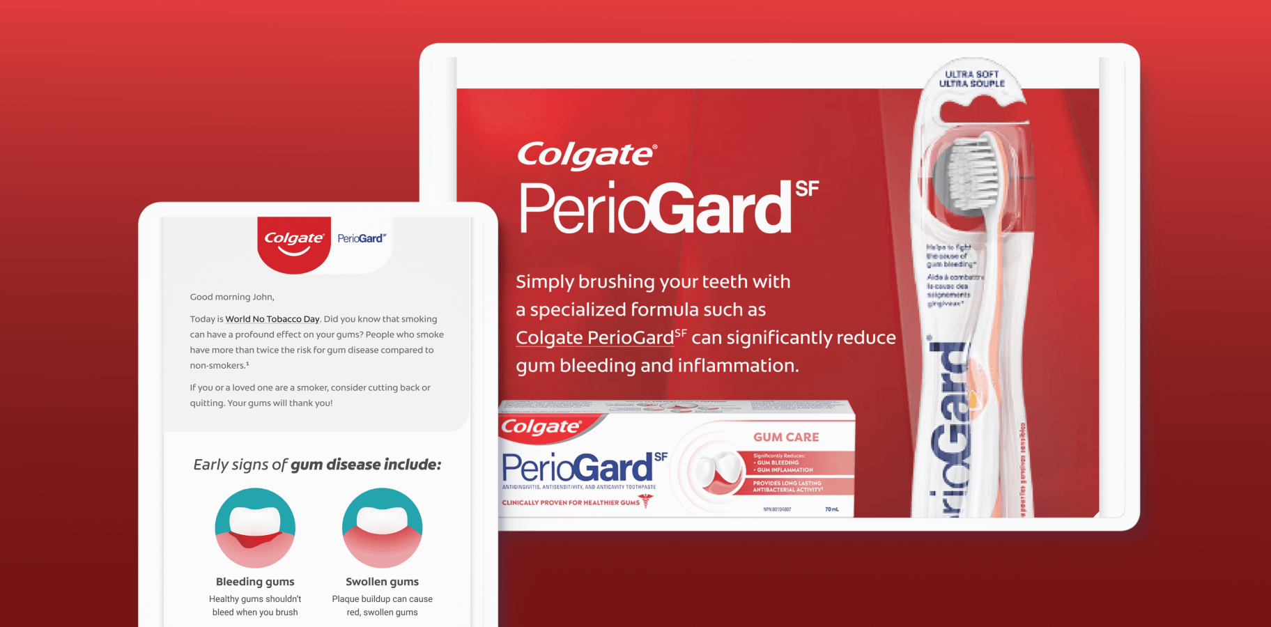 Colgate PerioGard SF product email banner promoting gum care benefits and reduced inflammation