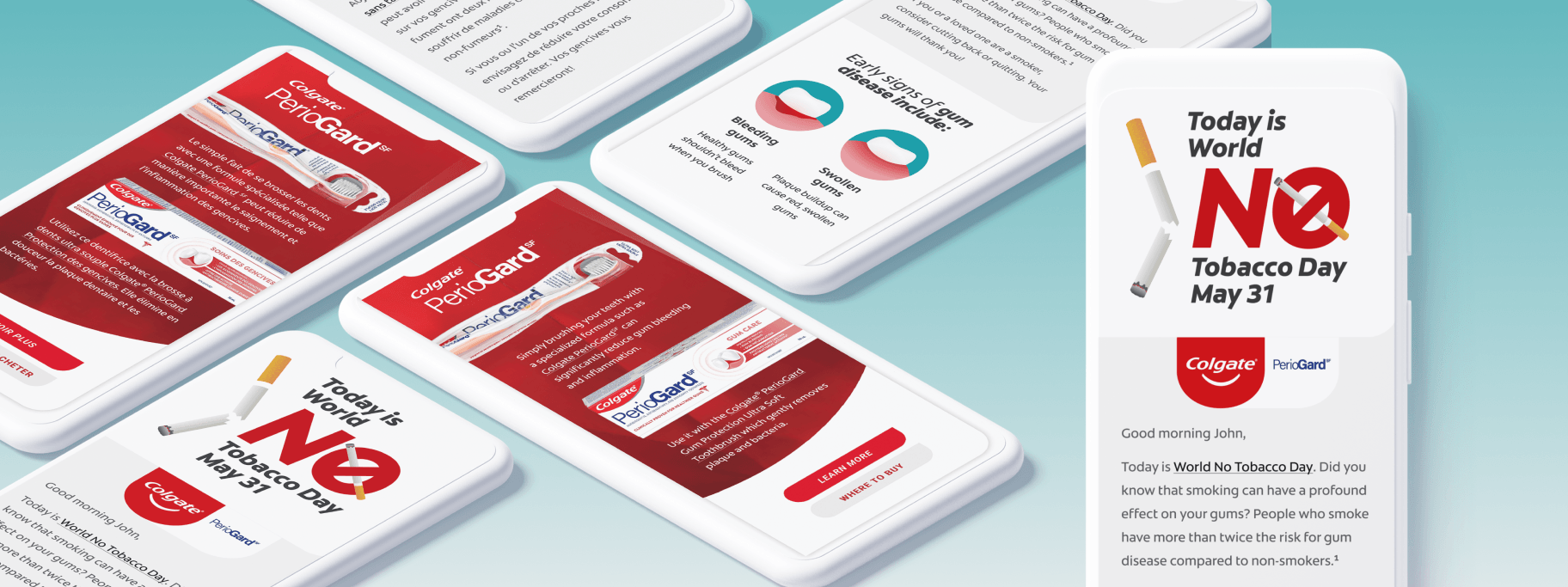 Responsive email layouts showcasing PerioGard product benefits and gum health symptoms