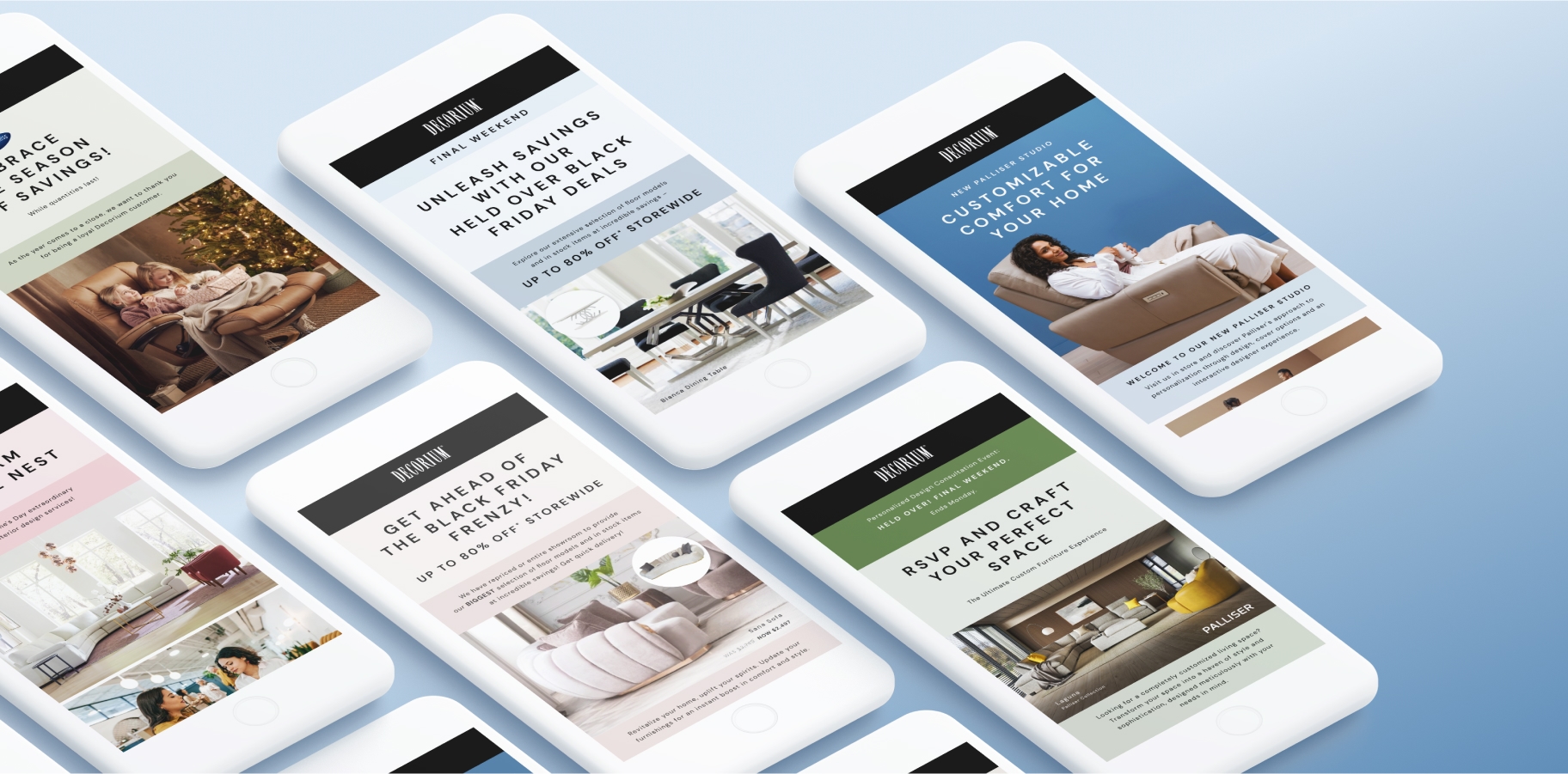 Decorium omnichannel marketing campaign on mobile devices featuring savings events, customizable comfort, and new collection launches