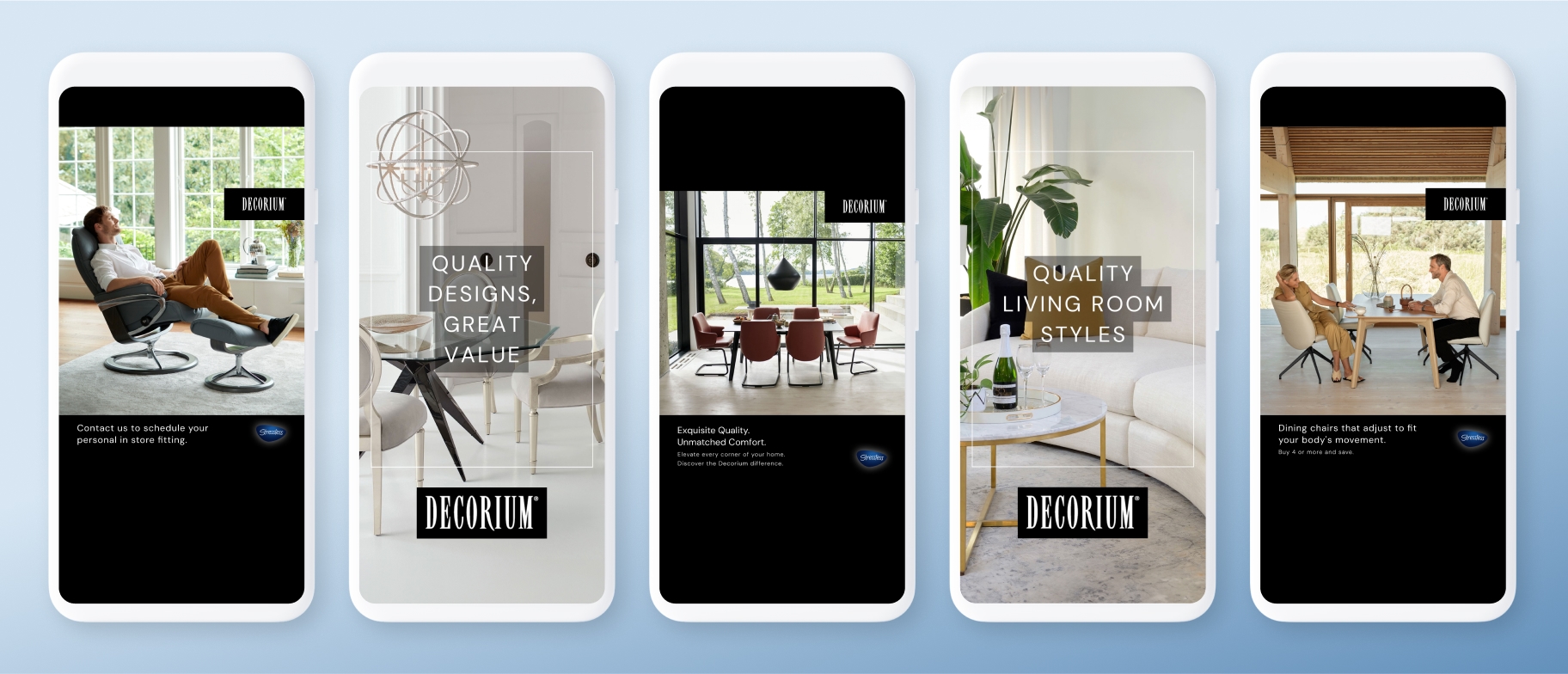 Decorium Instagram stories showing product highlights including recliners, design chairs, and living room styles with call-to-action overlays