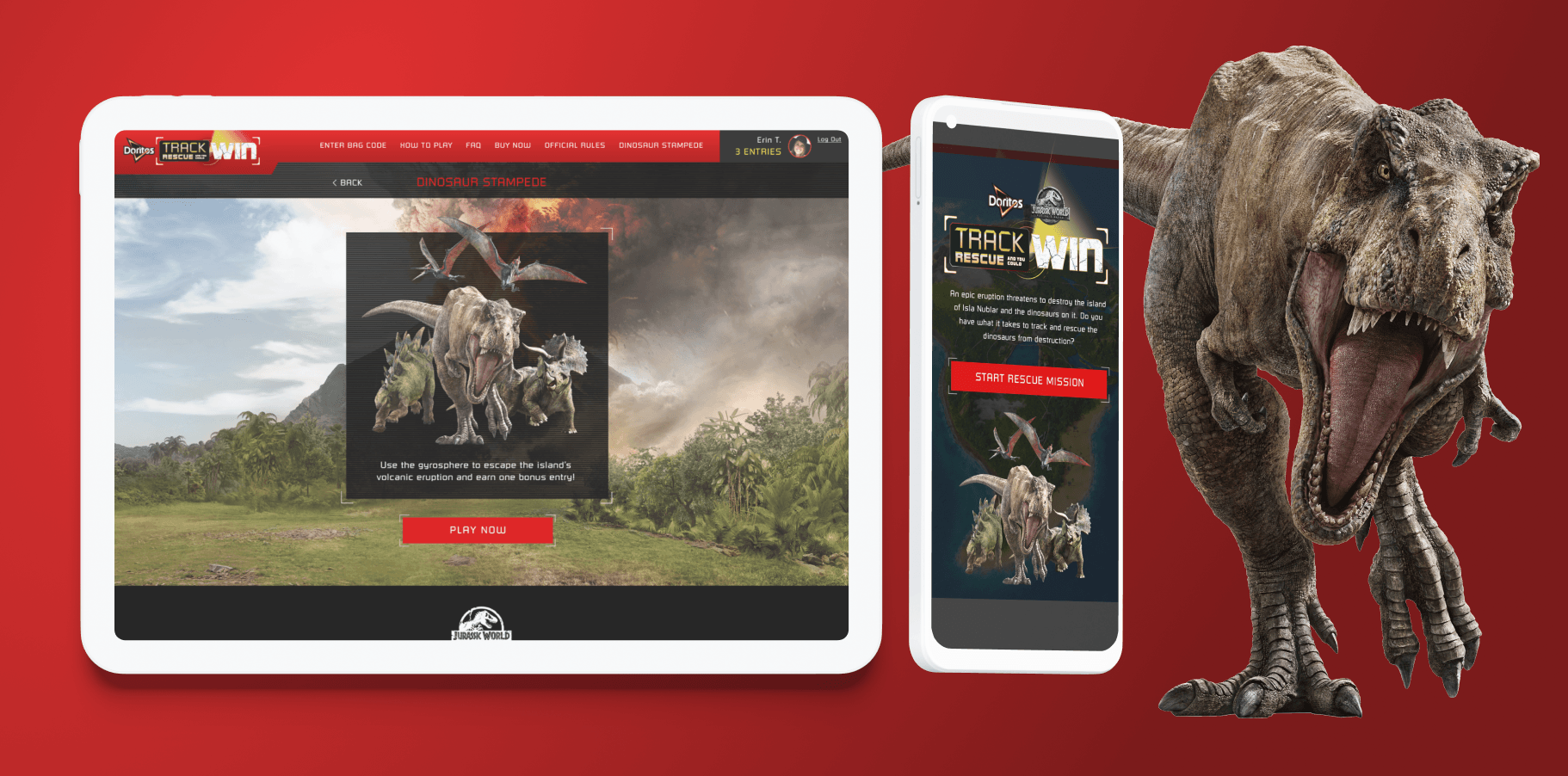 Doritos Jurassic World HTML5 game entry screen with T-Rex character and mobile-first contest interface