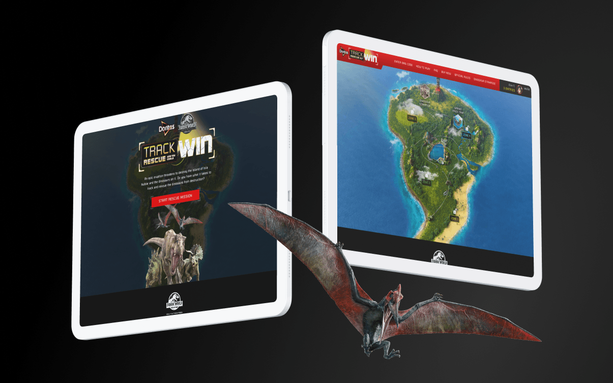 Track. Rescue. Win. contest interface on mobile and tablet showing dinosaur map, start mission button, and branded Doritos layout