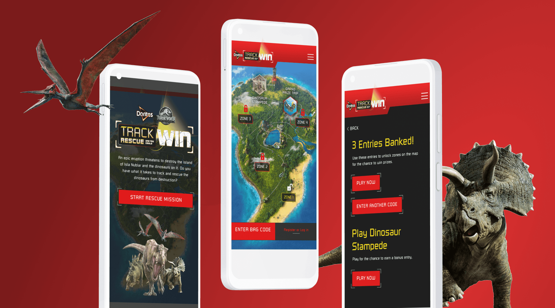 Interactive game map with jungle terrain, mission zones, and prize entry overlay for Doritos Jurassic World promotion