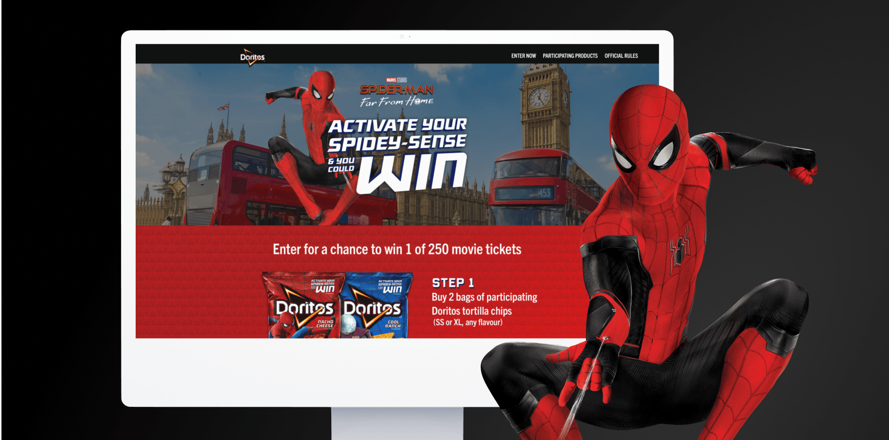 Doritos Spiderman: Far From Home contest homepage with ‘Activate Your Spidey Sense’ tagline and chance to win 1 of 250 movie tickets
