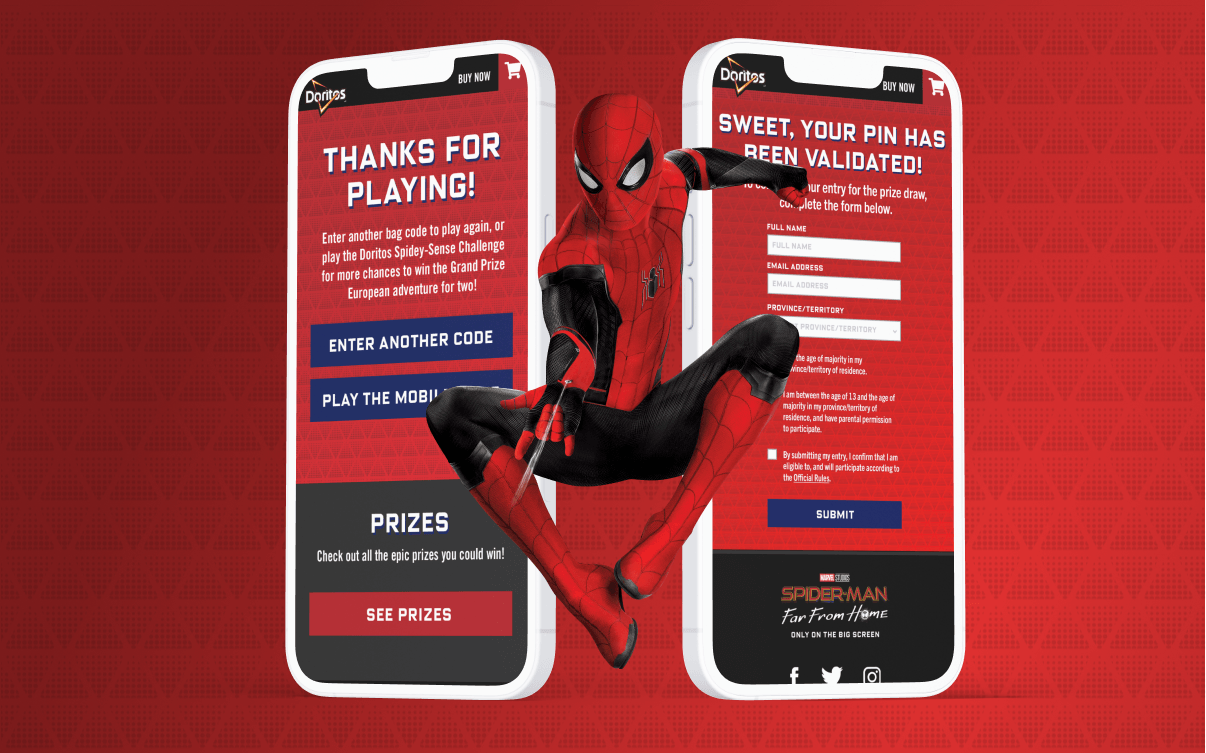 Two smartphone screens showing Doritos contest success message and link to mobile mini-game with Spiderman figure posed between