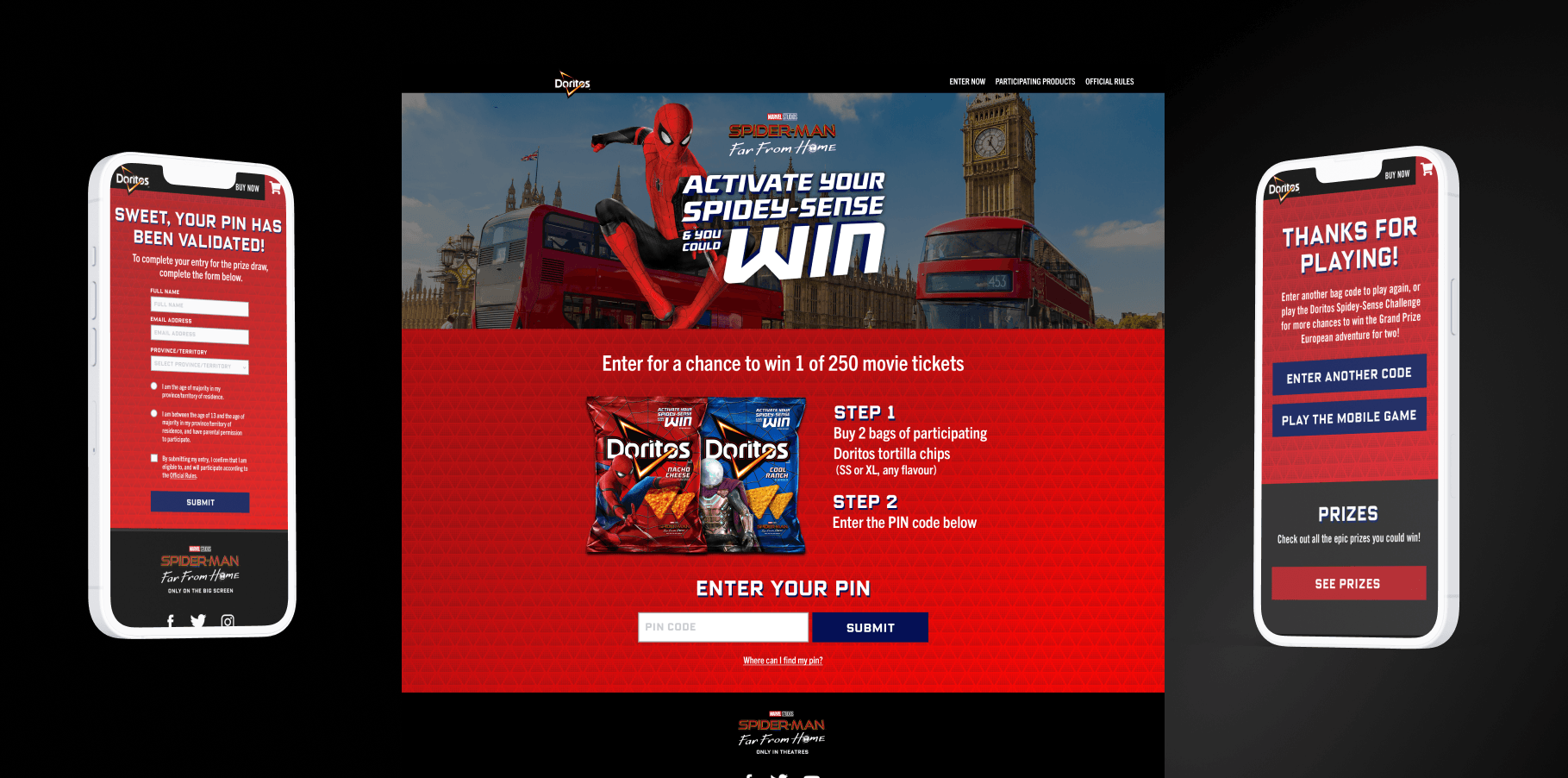 Doritos Spiderman branded code entry page with three flavours of chips and steps to enter PIN from specially marked bags