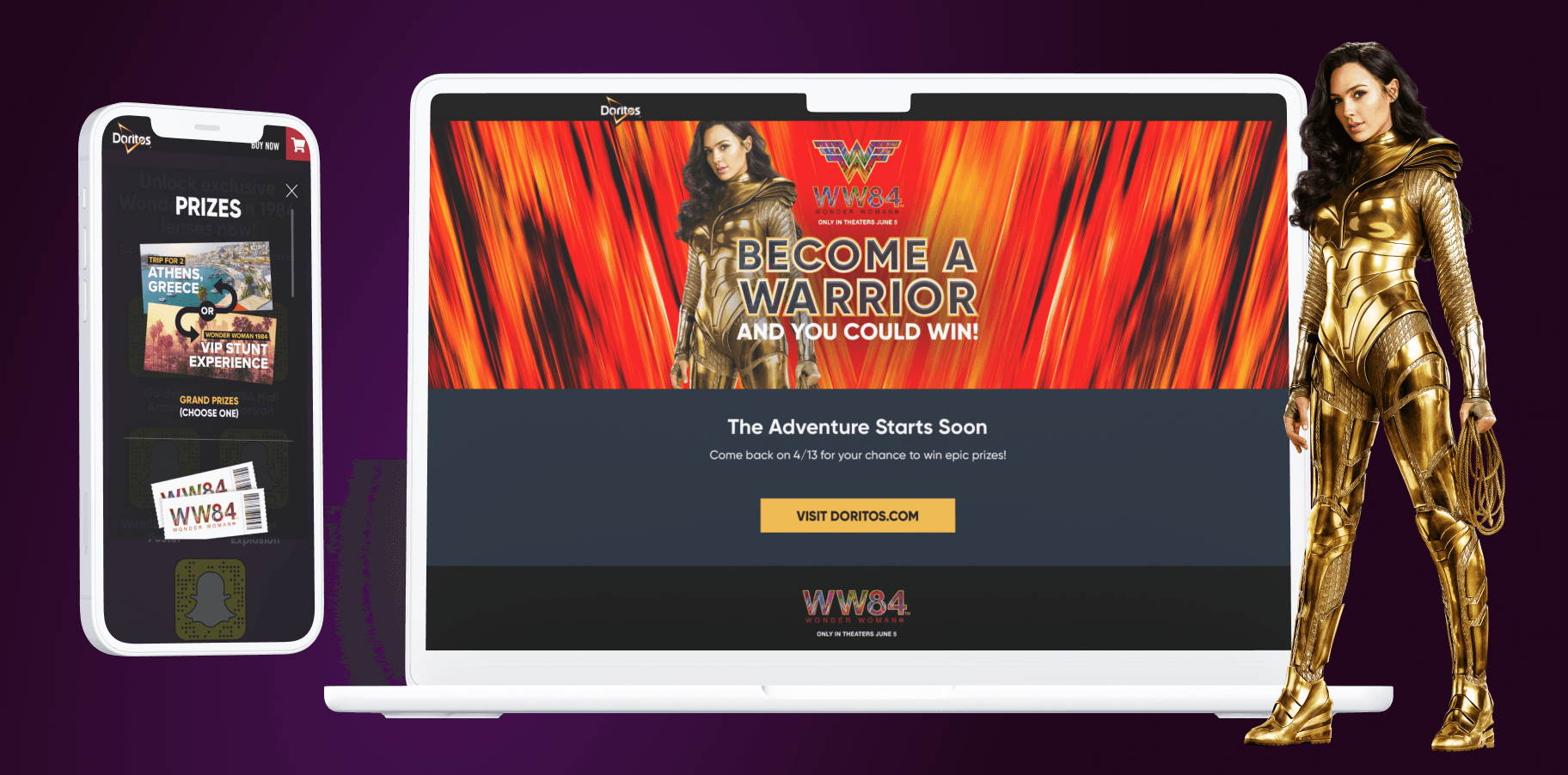 Doritos x Wonder Woman 1984 contest homepage with gold-armoured Wonder Woman and the headline ‘Become a Warrior and You Could Win’
