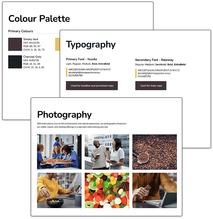 Brand guidelines for Elite Coffee & Vending featuring colour palette, typography styles, and curated photography to maintain visual consistency.