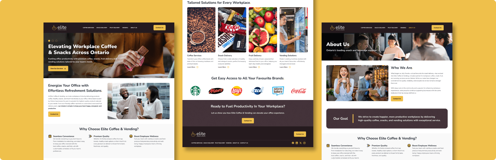  Three-screen display of Elite Coffee & Vending's new website layout including homepage, service offerings, and about us page with yellow accent.