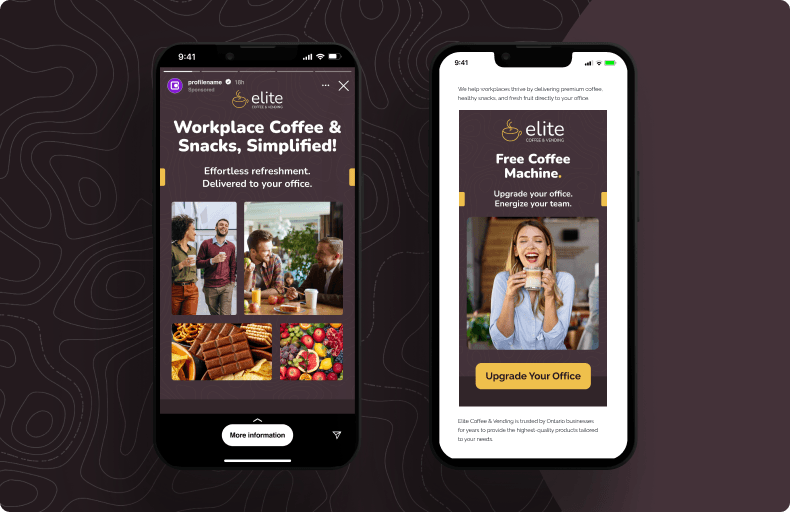 Mobile mockups of Elite Coffee & Vending digital ad campaigns highlighting office coffee and snack delivery services on Google and Meta.
