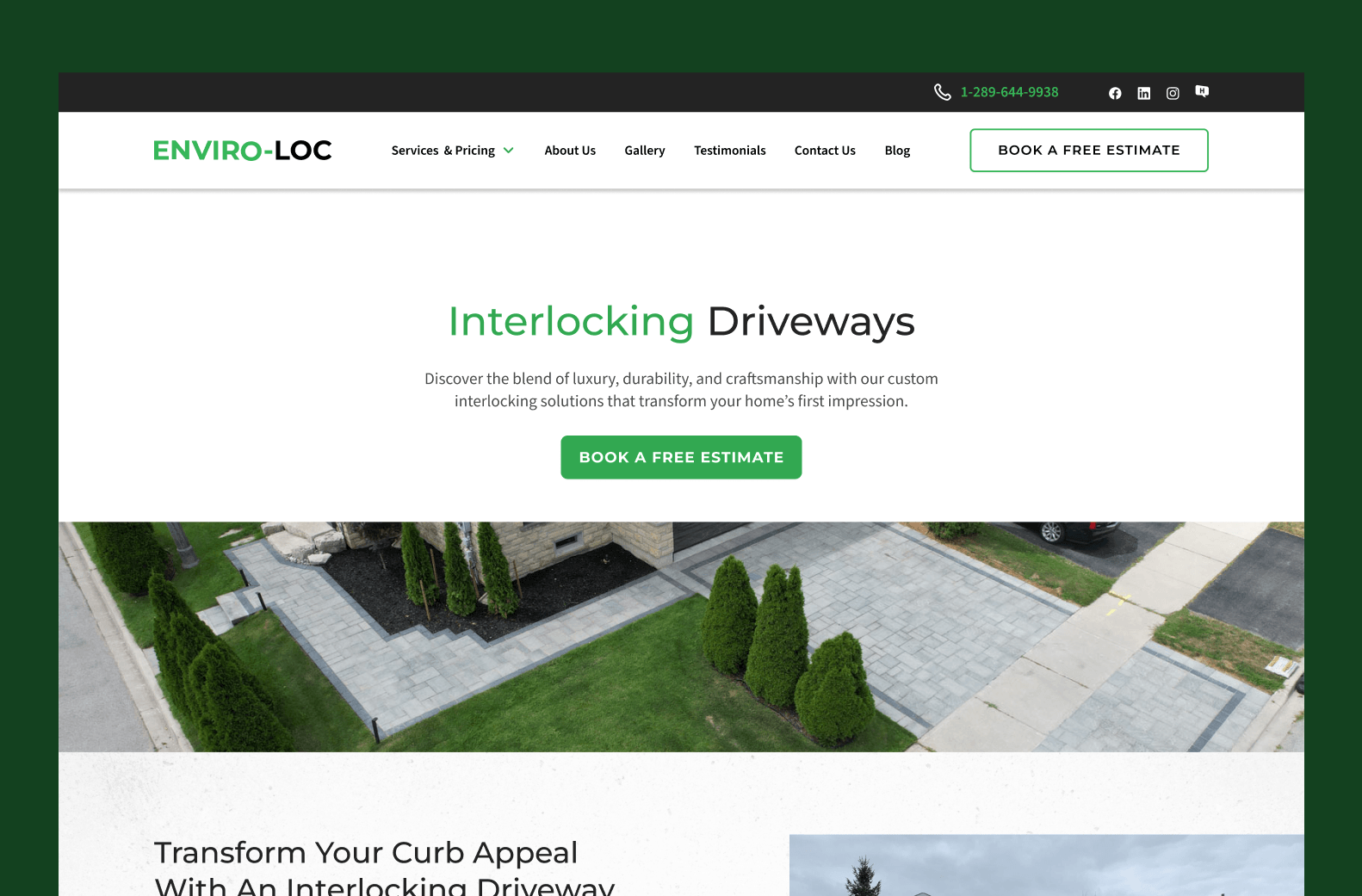 Enviro-Loc homepage hero highlighting interlocking driveways with book a free estimate button