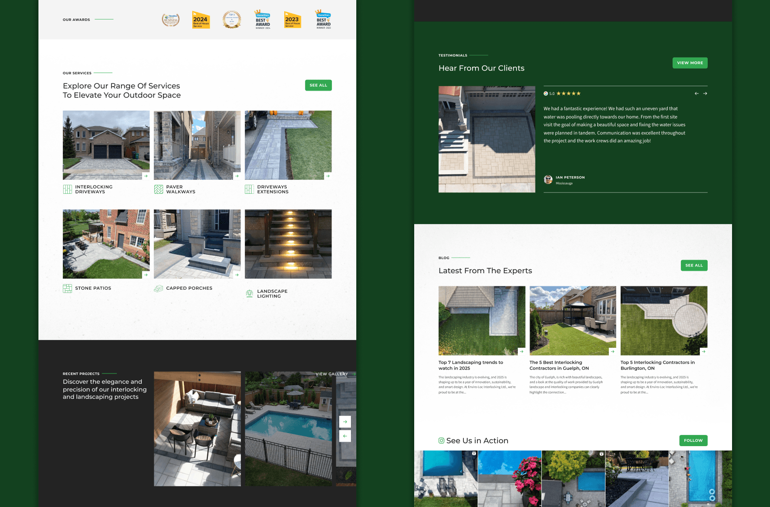 Enviro-Loc website pages showing services grid, testimonials, and latest articles