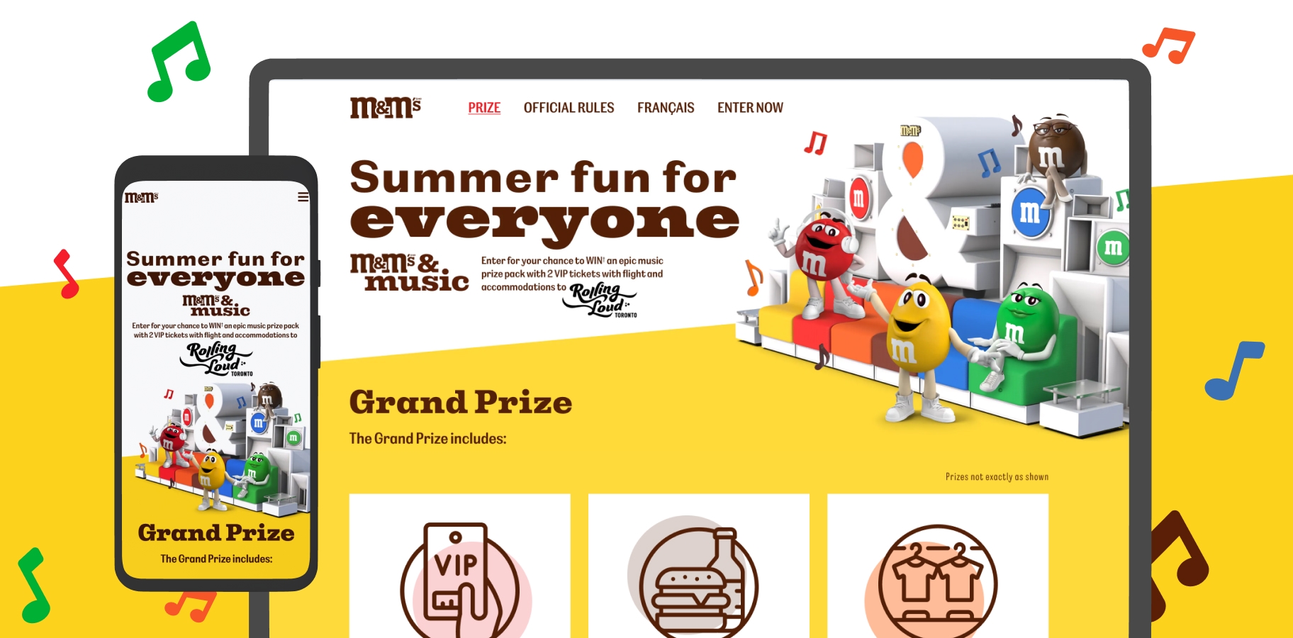 M&M’s Summer Music Contest homepage with colourful M&M characters on a stage and contest entry details