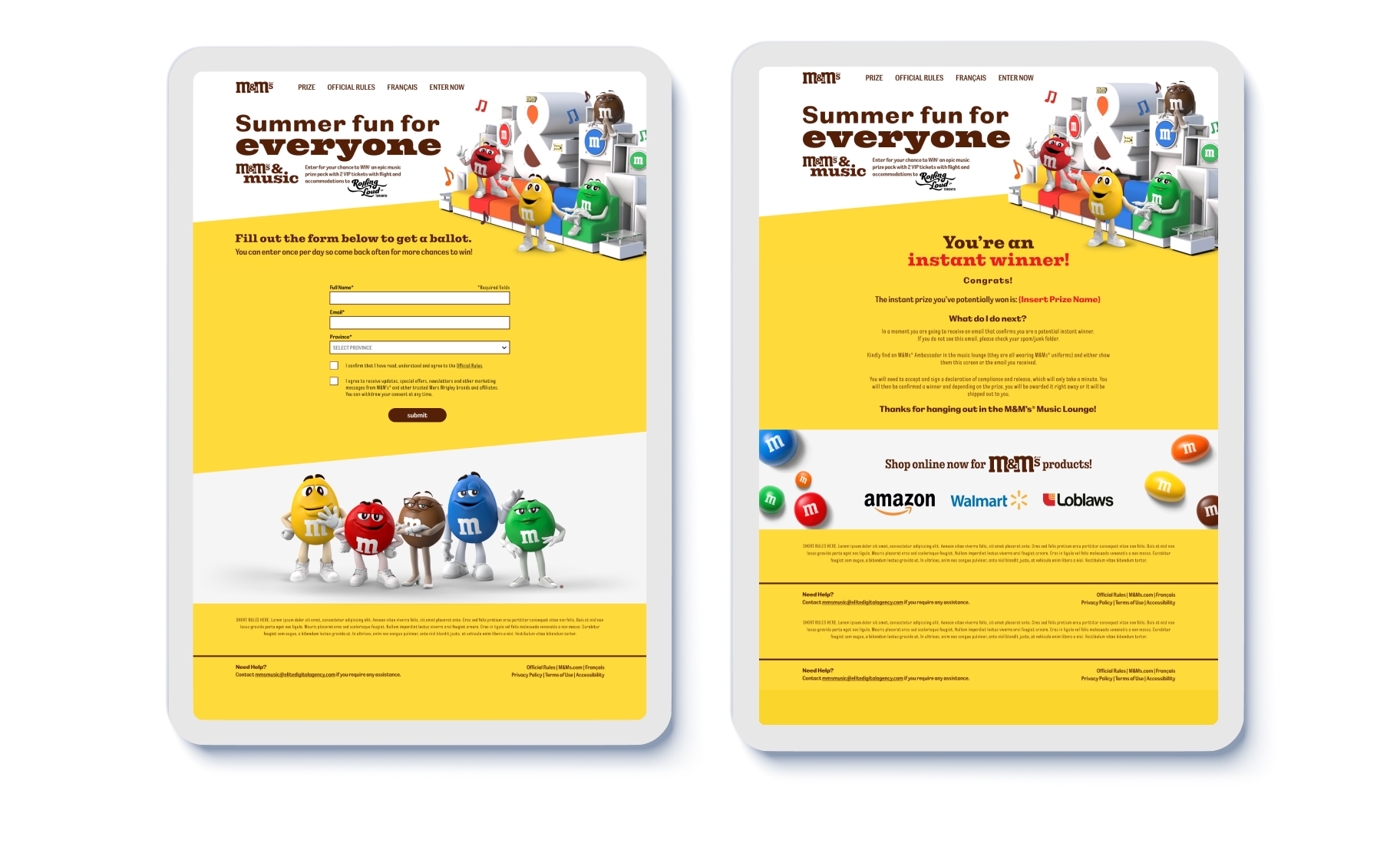 M&M’s contest entry form and confirmation screen for M&M’s instant prize winners