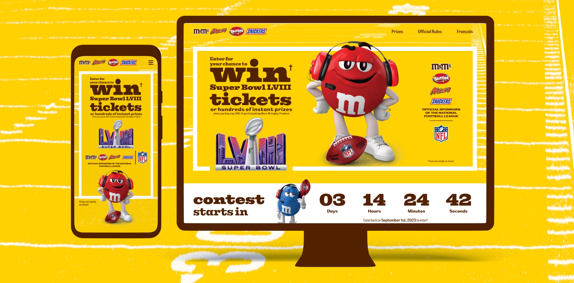 M&M Super Bowl LVIII contest microsite homepage with countdown timer and branded M&M characters
