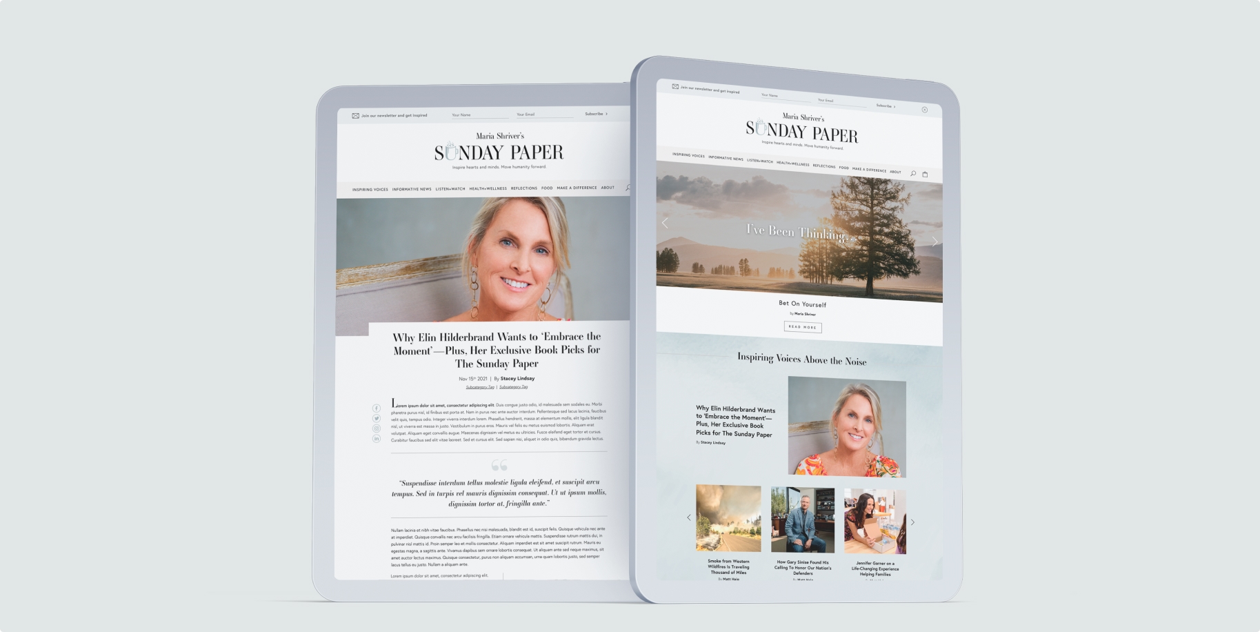 Maria Shriver’s Sunday Paper homepage featuring weekly reflections, thought pieces, and curated articles