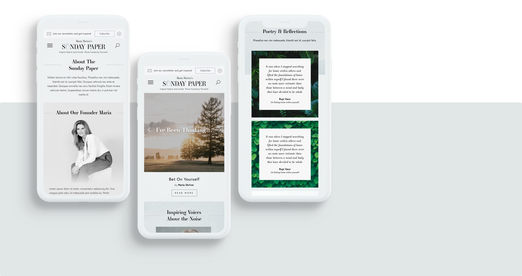 Mobile layout showing Sunday Paper articles including editorials, inspiring voices, and founder message