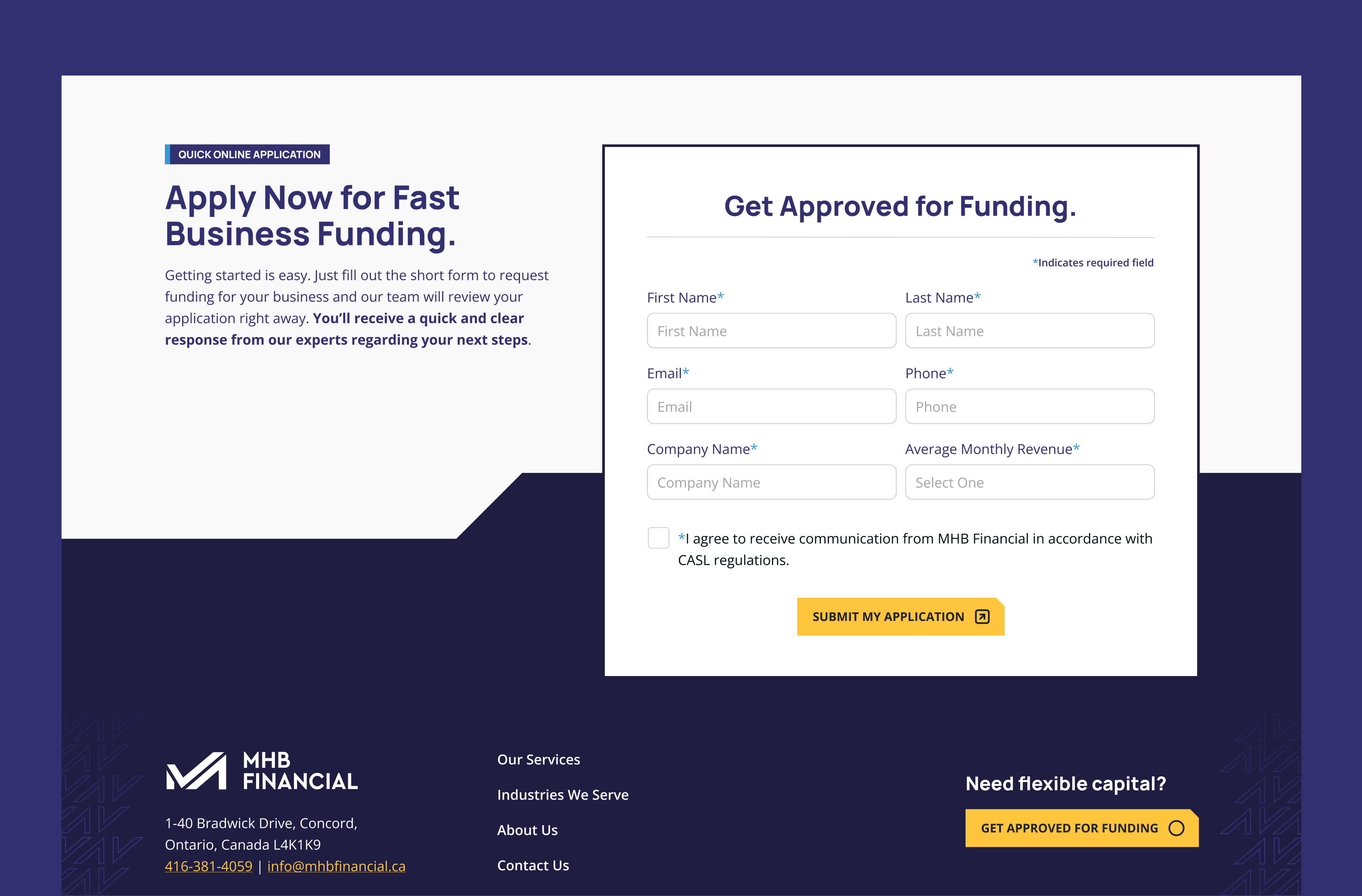 Business funding application form design for MHB Financial website