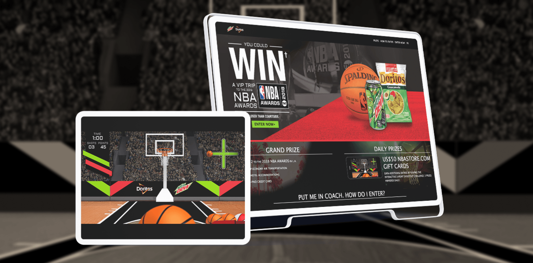 Doritos and Mountain Dew NBA contest homepage with branded basketball court, product visuals, and prize info including VIP trip and gift cards