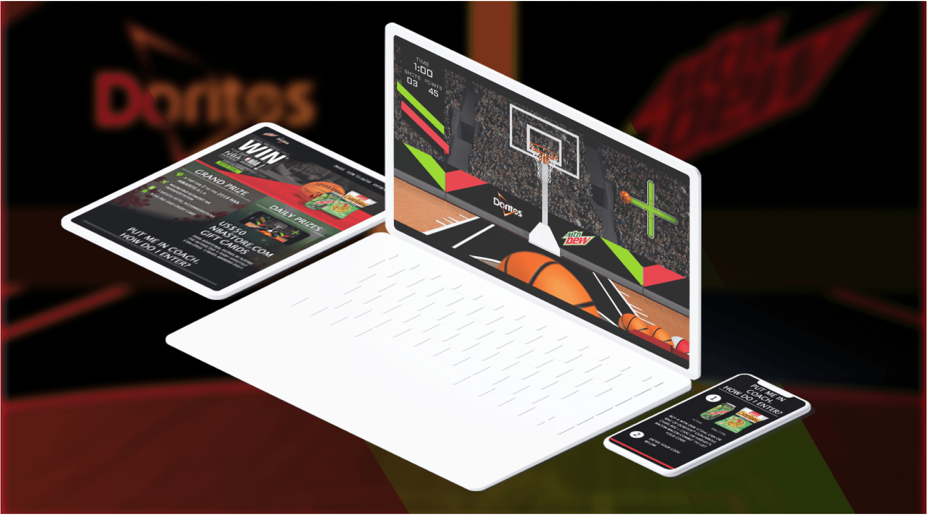 Cross-device previews of HTML5 NBA shootout game on laptop and smartphone with basketball animation and branded background