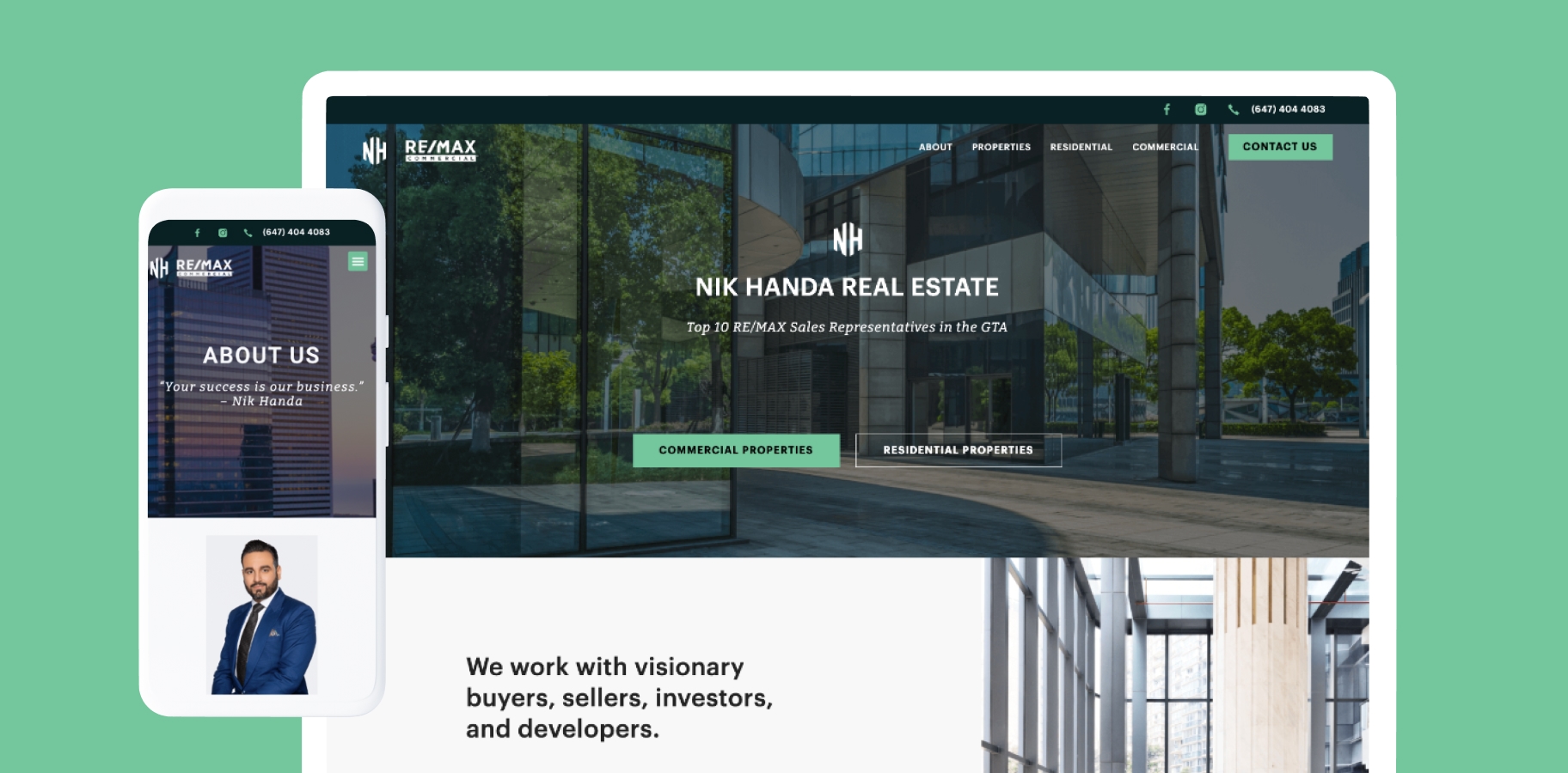 Nik Handa Real Estate homepage mockup with hero banner, RE/MAX branding, and property type navigation