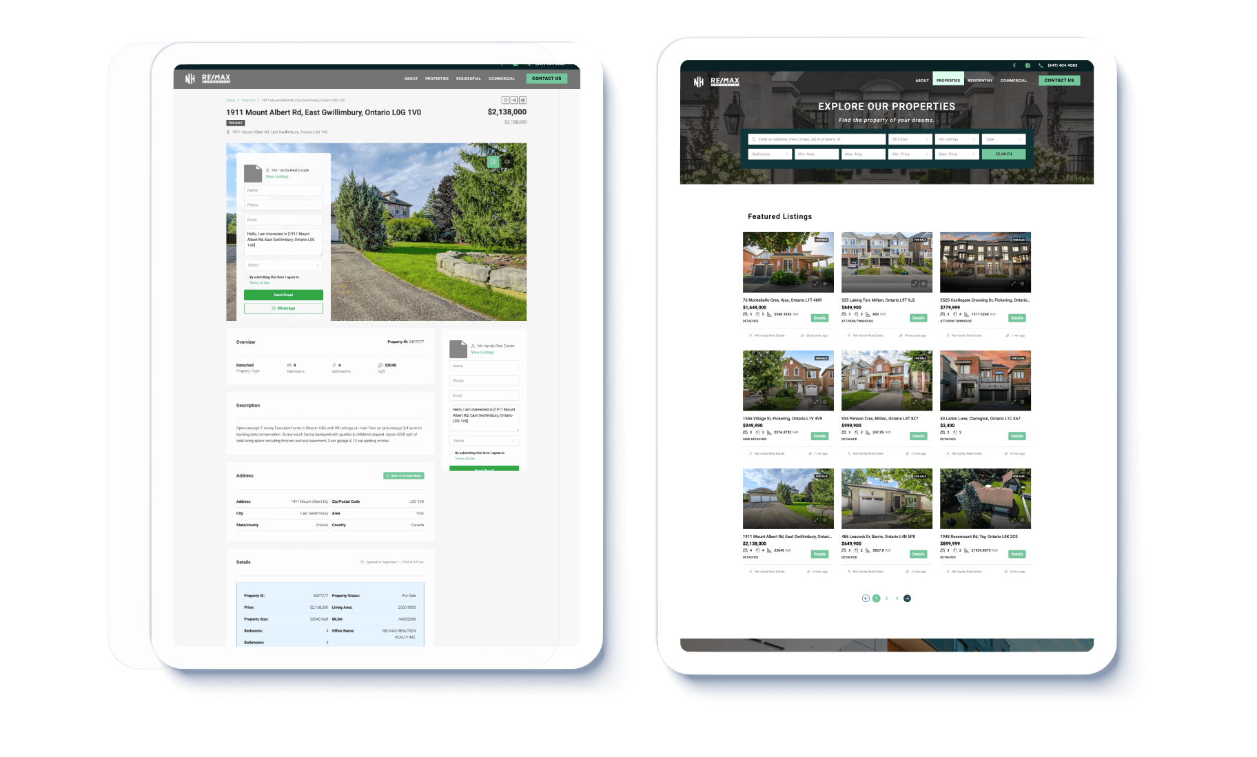 Individual listing page for a residential property with price, photos, description, and agent contact info