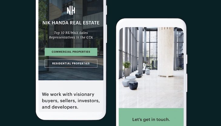 Mobile layout of Nik Handa Real Estate site with call-to-action for commercial and residential leads