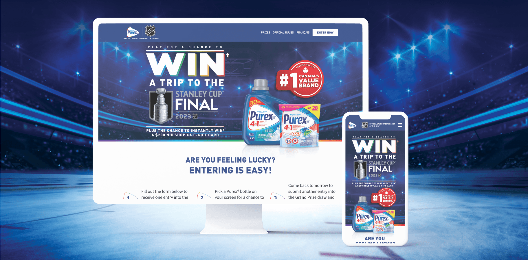 Purex and NHL gamified contest homepage with entry form to win a trip to the Stanley Cup Final