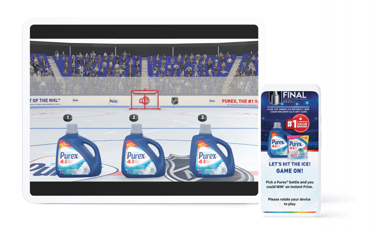 Purex NHL HTML5 game interface showing bottles on ice rink and interactive gameplay backdrop