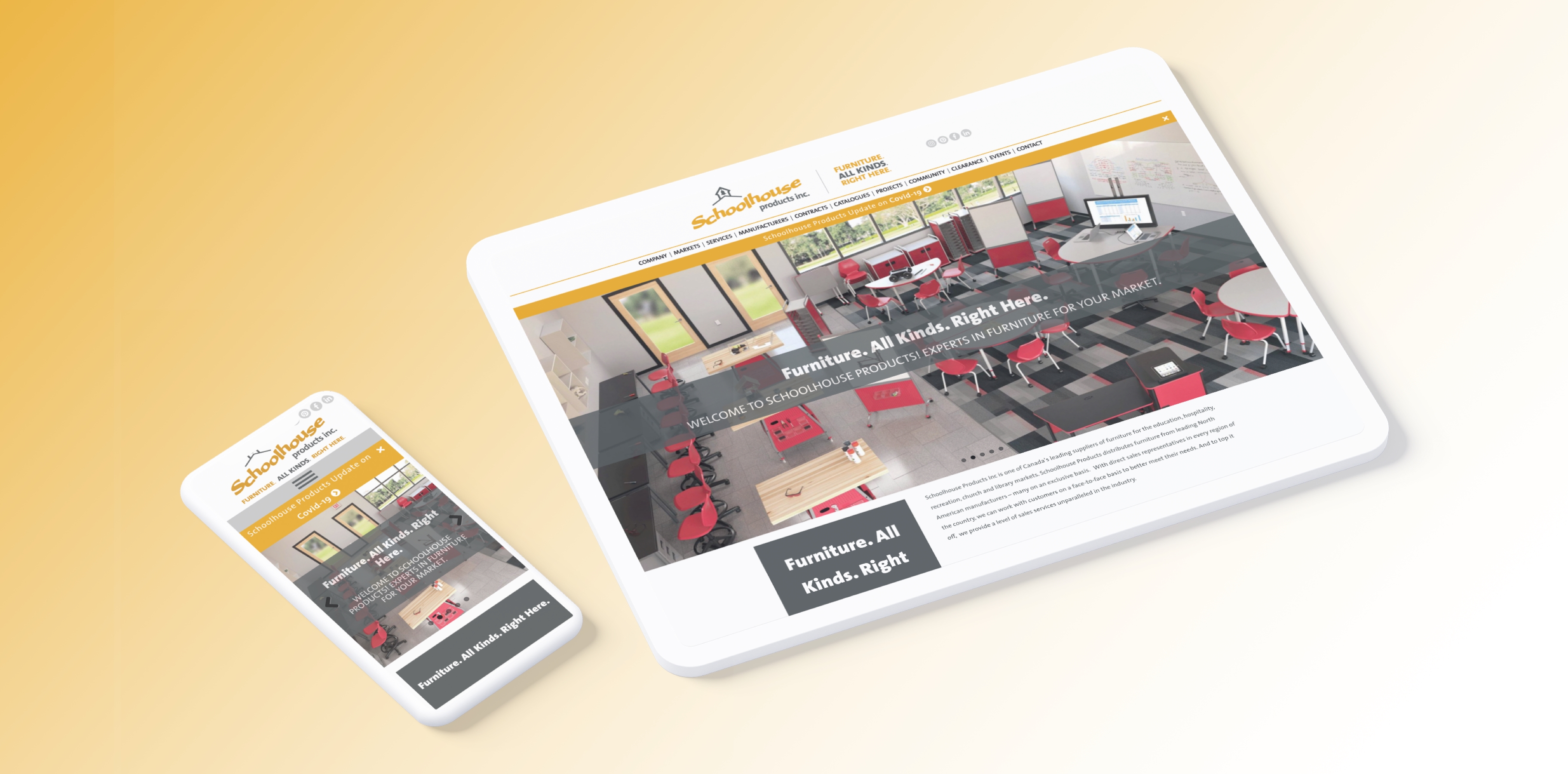 Schoolhouse Products homepage featuring classroom furniture installations and category filters for product searches
