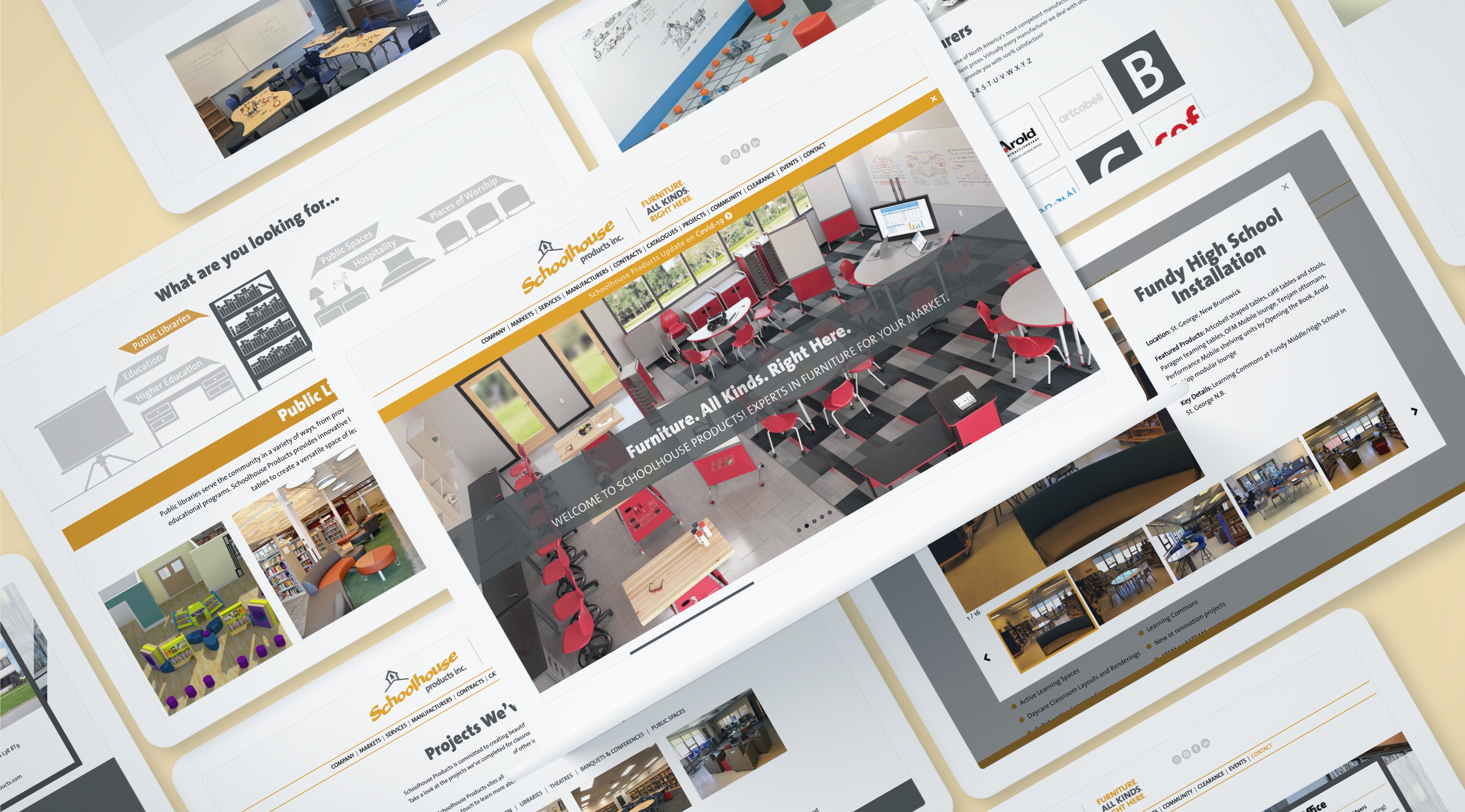 Header image with messaging: ‘Furniture. All Kinds. Right Here.’ overlaid on a modern classroom layout