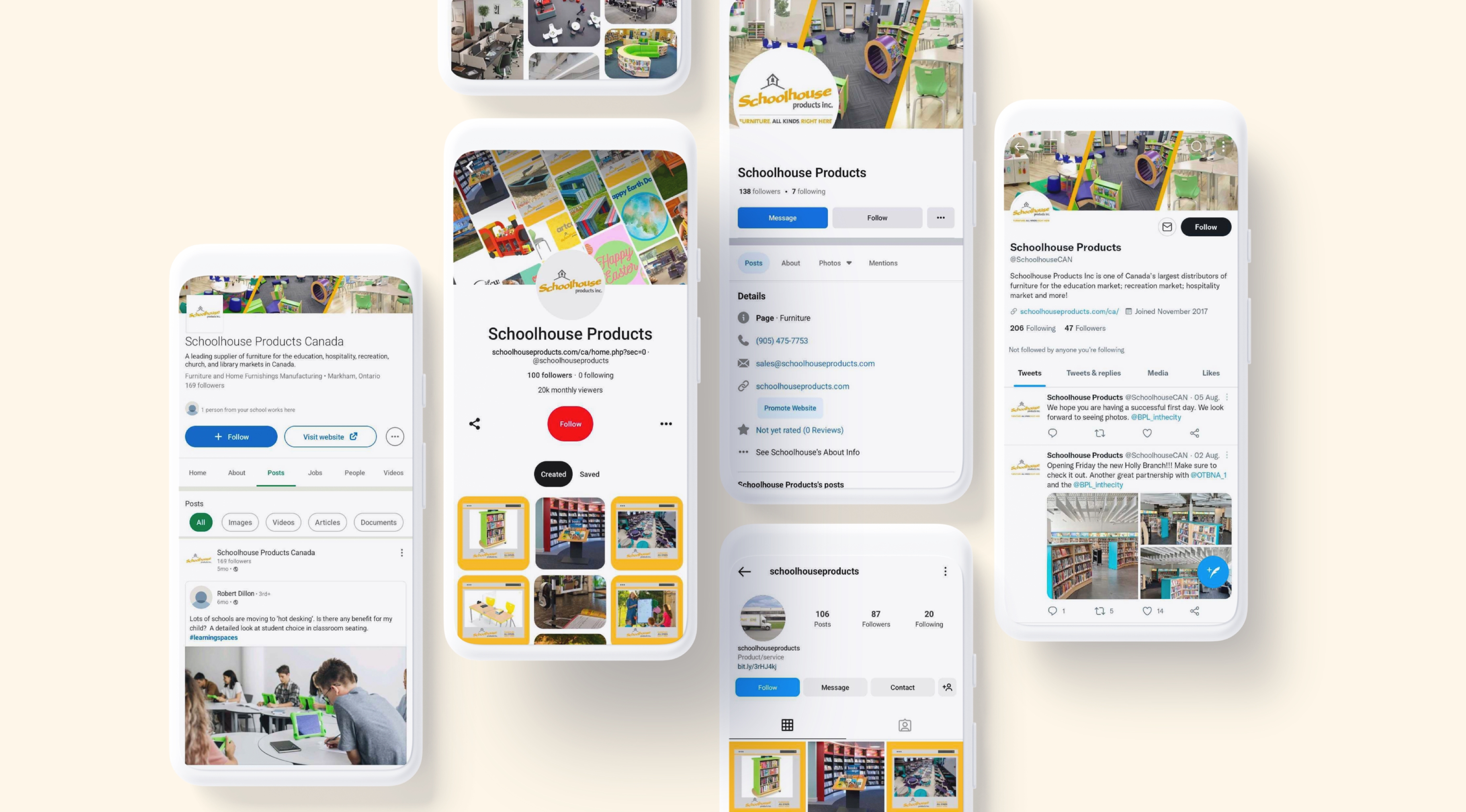 Mobile views of Schoolhouse Products’ Facebook, Instagram, Pinterest, and YouTube profiles showing branded posts and classroom inspiration