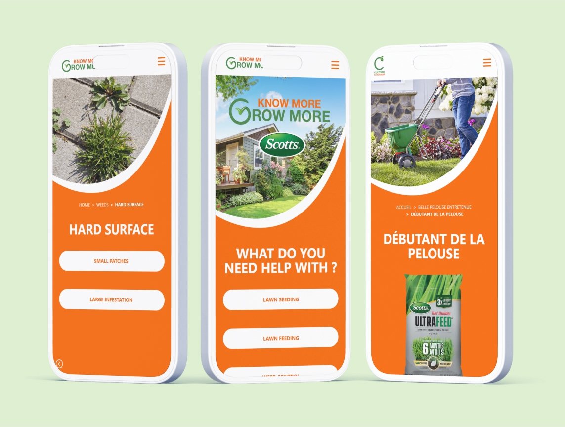 Responsive mobile screens of Scotts Grow More interactive product selection tool including English and French versions