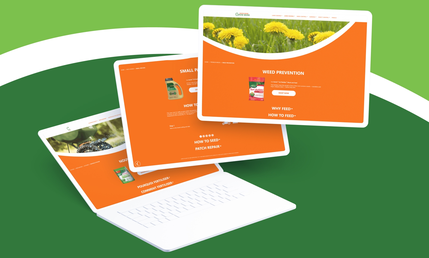 Screens from Scotts website showing step-by-step selection tools for weed prevention and lawn repair with product visuals