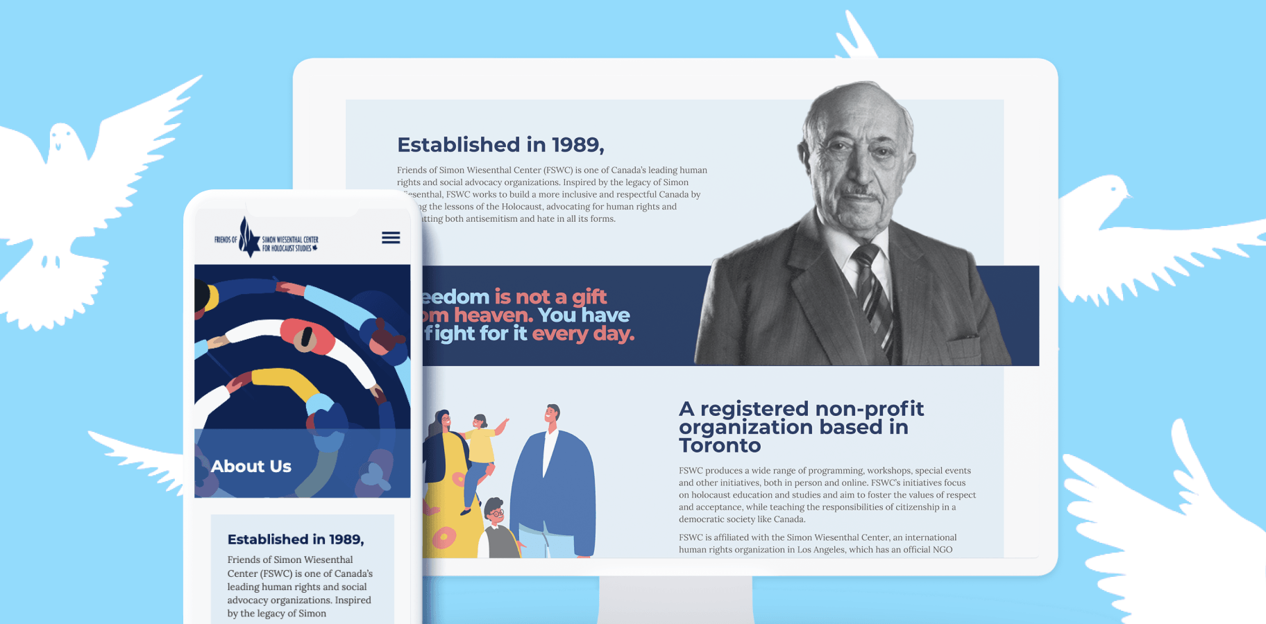 Friends of Simon Wiesenthal Center homepage with profile of Simon Wiesenthal and non-profit mission overview
