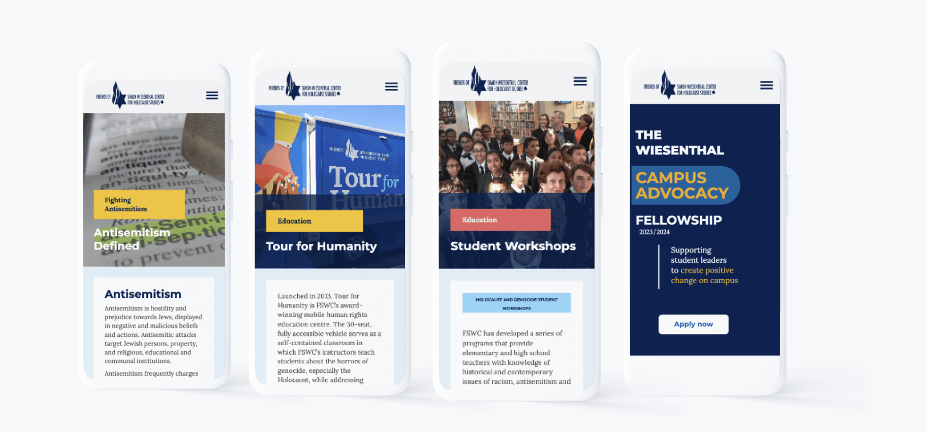 Four mobile screens showing FSWC educational and advocacy programs: Antisemitism Defined, Tour for Humanity, Student Workshops, and Campus Advocacy Fellowship