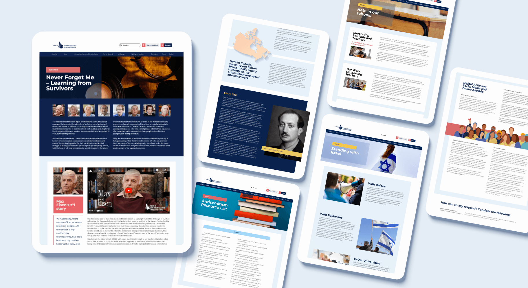Digital resource library with content pages including Holocaust survivor stories, academic articles, and news updates