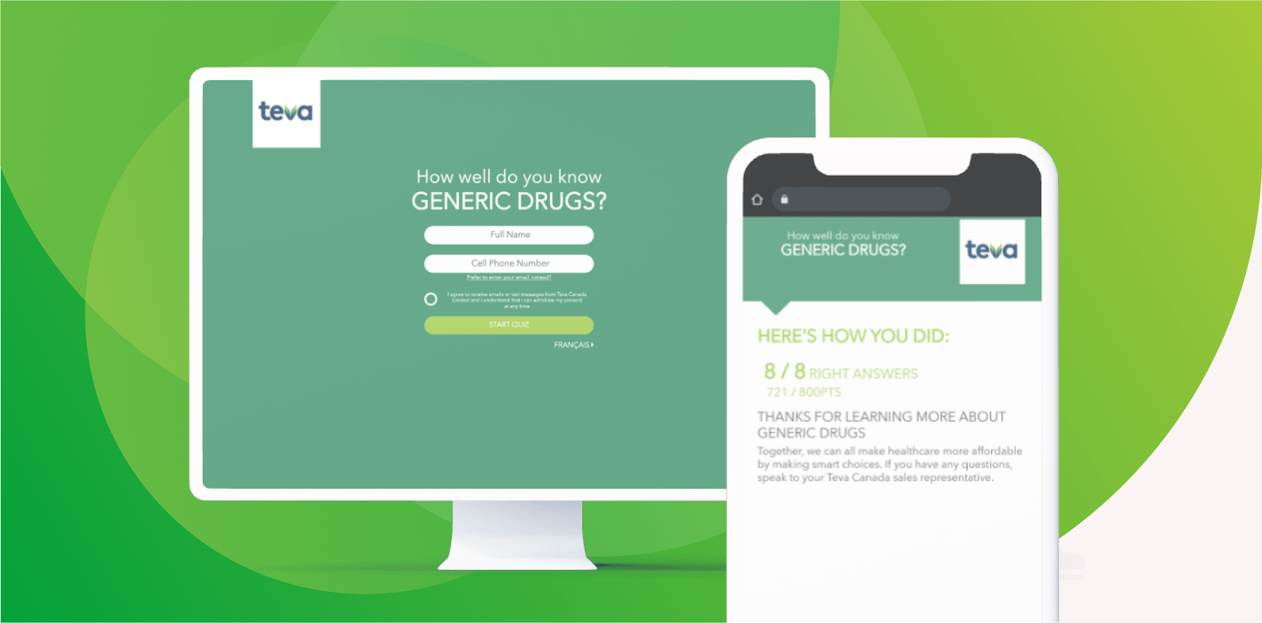 Teva Triva game welcome screen asking users how well they know generic drugs, and game results screen showing 8 out of 8 correct answers for generic drug knowledge quiz